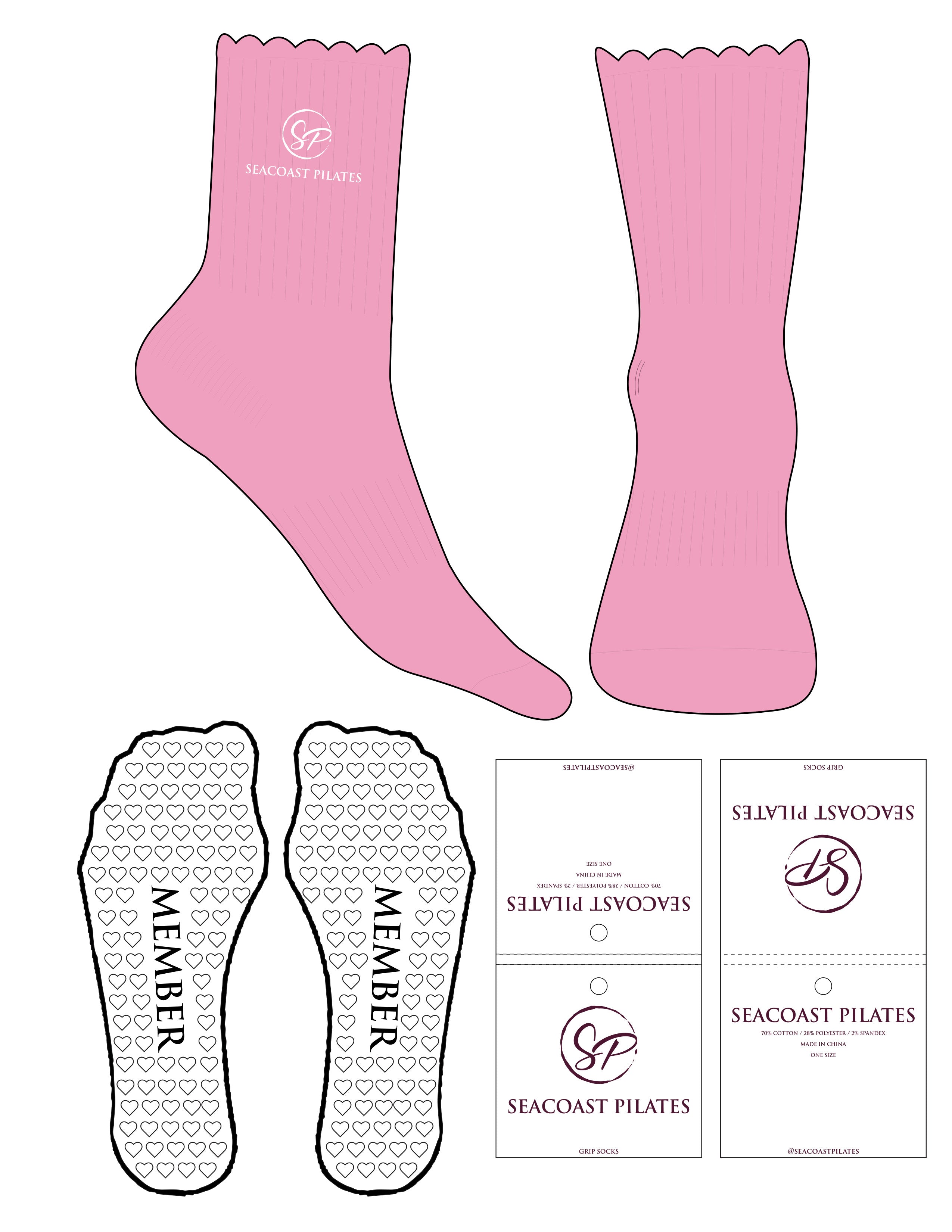The 3/4 Crew Sock - Prism Pink - Seacoast Pilates - Top Logo - EMB - White - Heart Grip - White