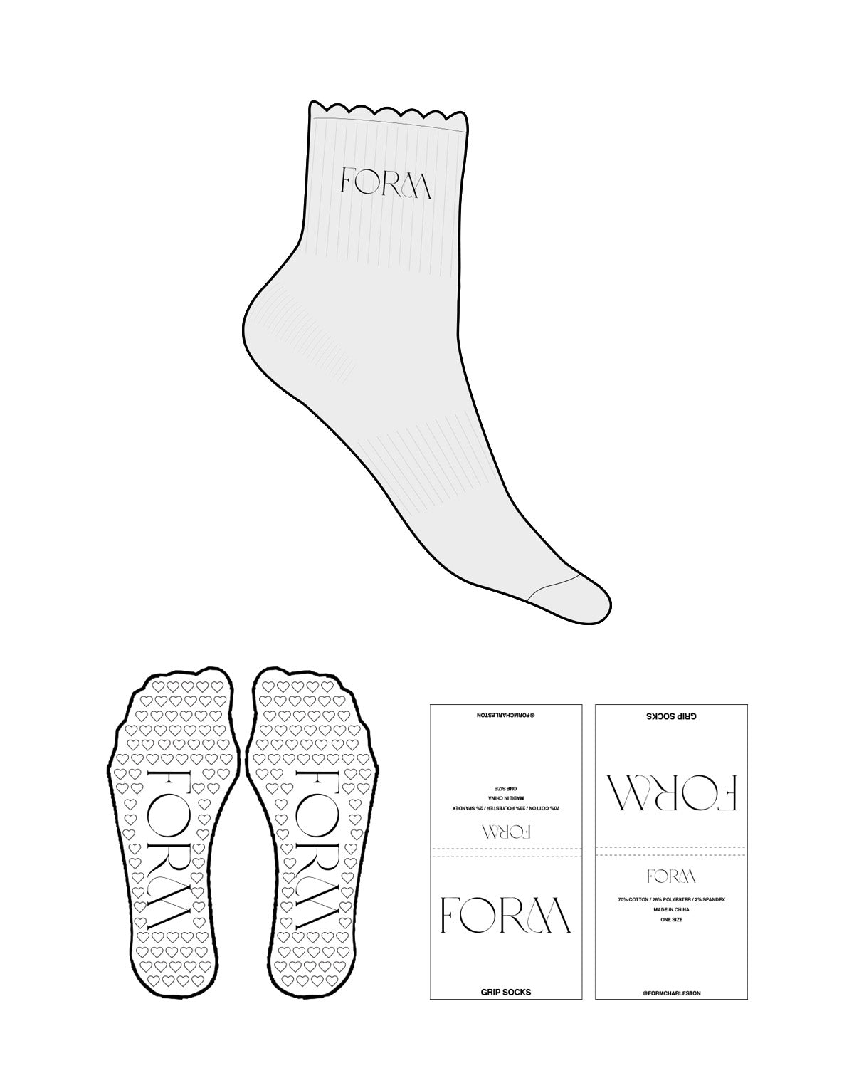 The 3/4 Crew Sock - Heather - FORM CHARLESTON - Top Icon- Embroidered - Black Heart Grip - Black