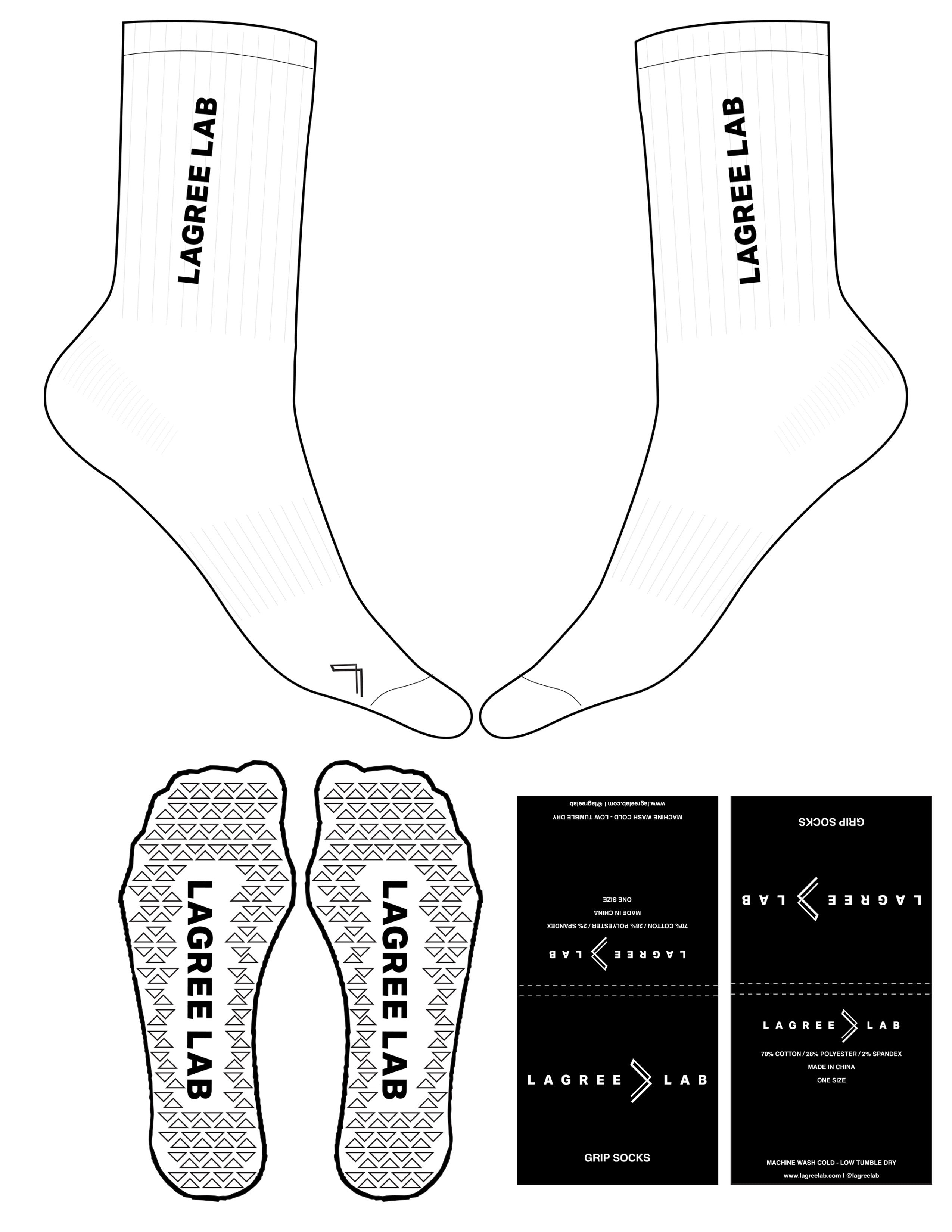 The Crew Sock - White - LagreeLab - Top & Toe Logo - Black - Triangle Grip - Black