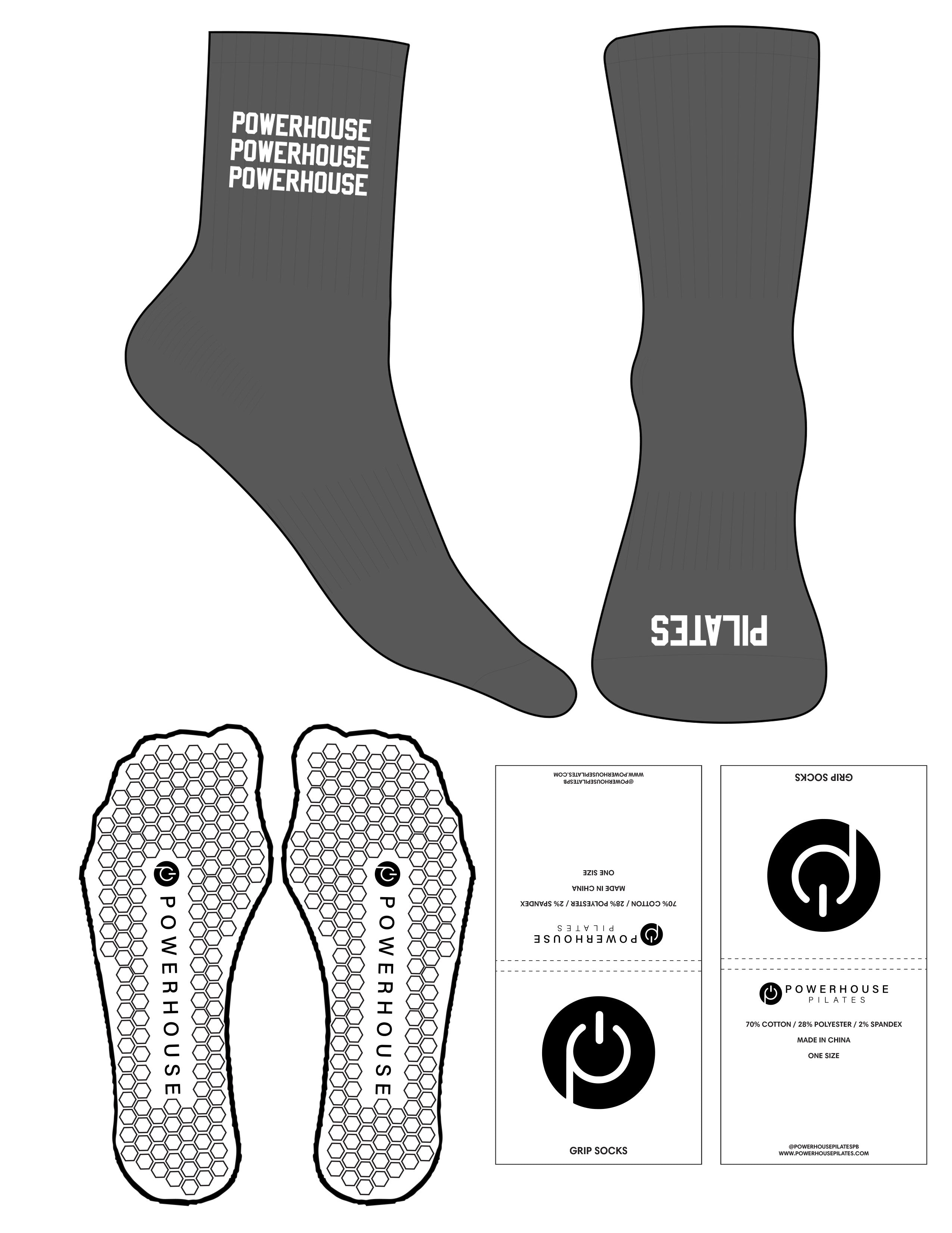 The 3/4 Crew Sock - Charcoal - Powerhouse Pilates - Top Stacked & Toe Logo - White - Hexagon grip - Transparent