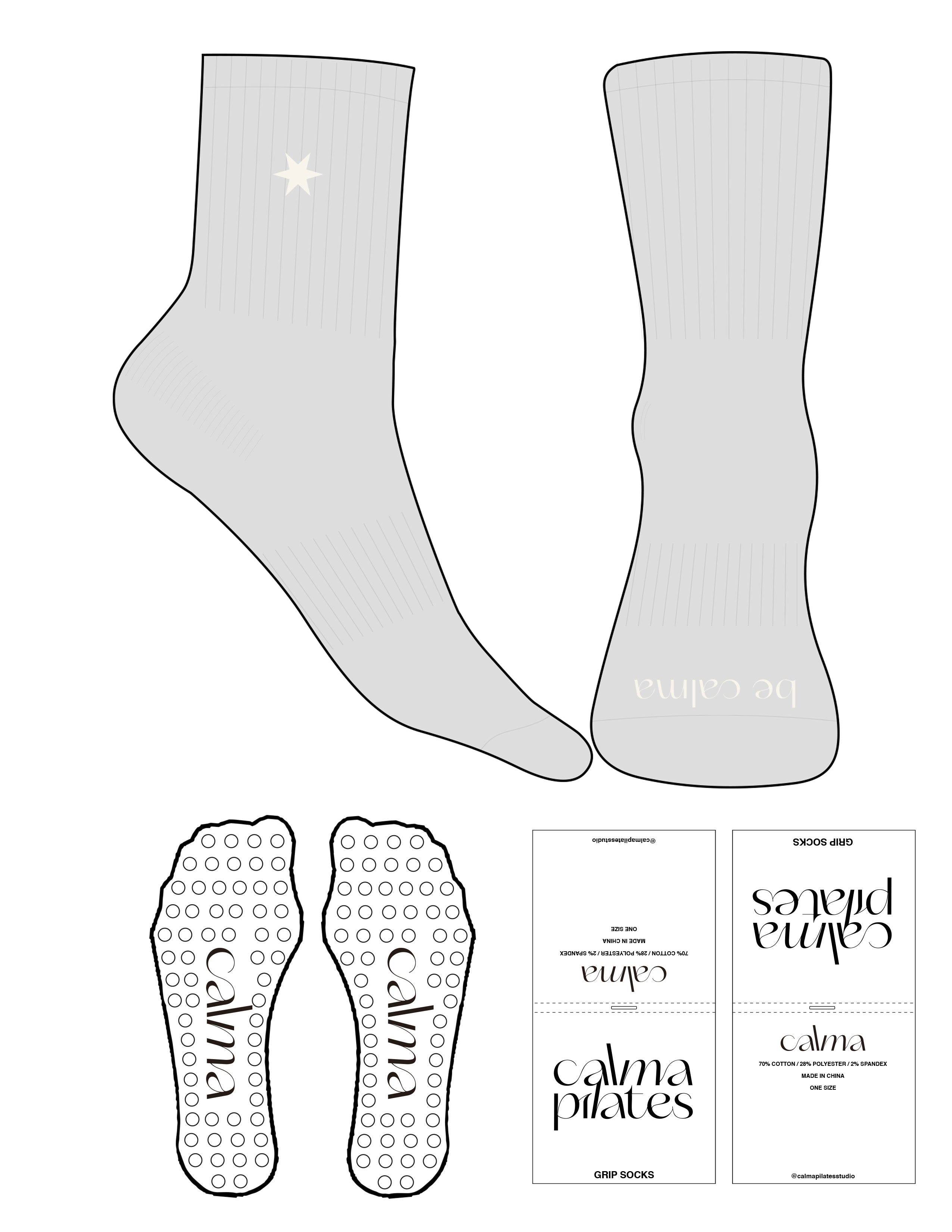 The 3/4 Crew Sock - Heather - Calma Pilates - Top Logo Embroidered & Toe Logo Printed - Cream - Circle Grip - Transparent