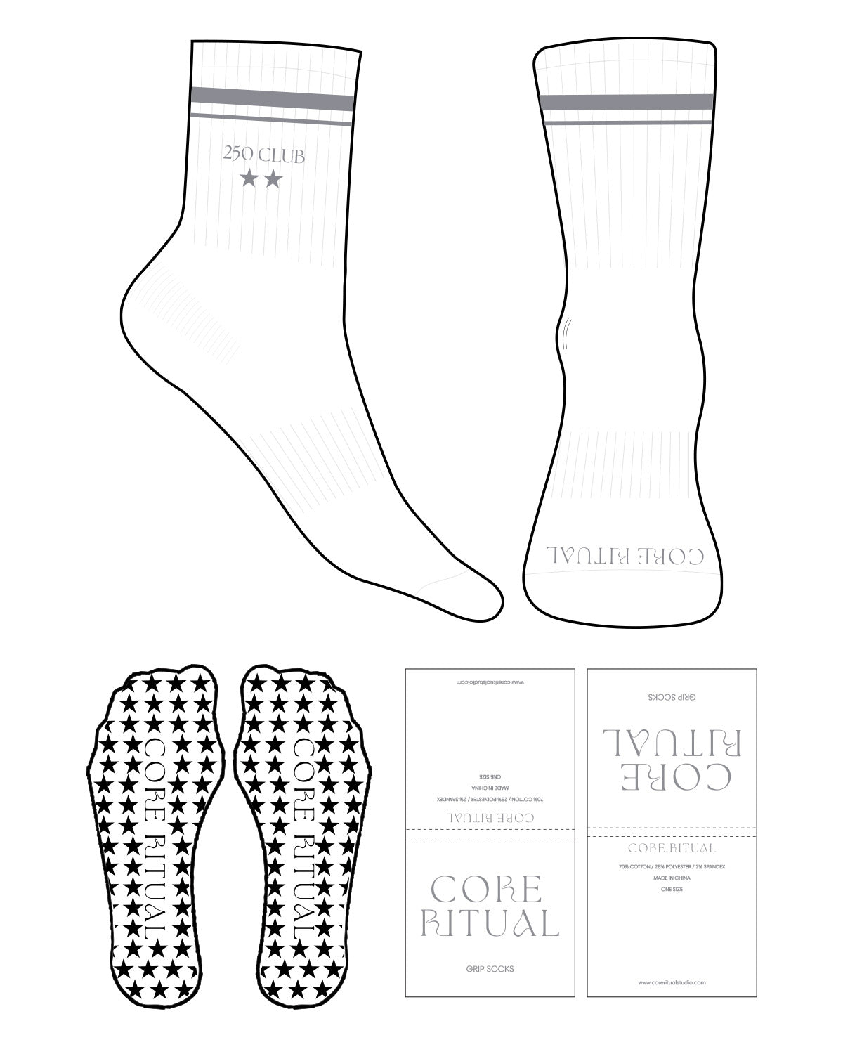The 3/4 Crew Sock - White - Core Ritual - 2 Stripe - Gray - "250 Club **" - Embroidered - Gray - Star Shape Grip - Gray