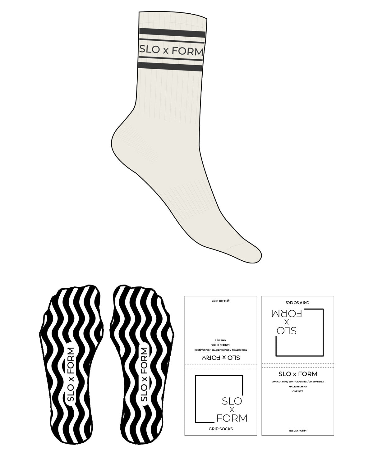 The Crew Sock - Off White - Slo x Form - Charcoal Stripes - Top Logo - Charcoal - Custom Wave Grip - Charcoal