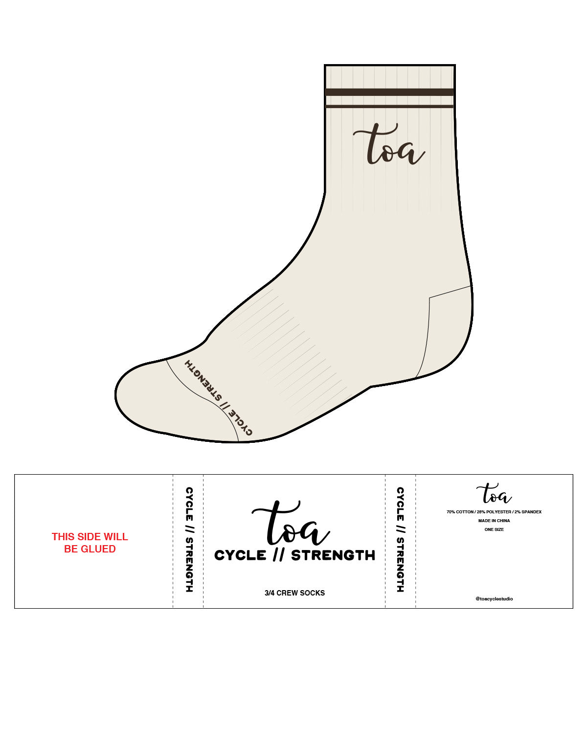 The 3/4 Crew Sock - Off White - Toa - 2 Lines Above Text Center & Bottom - Chocolate