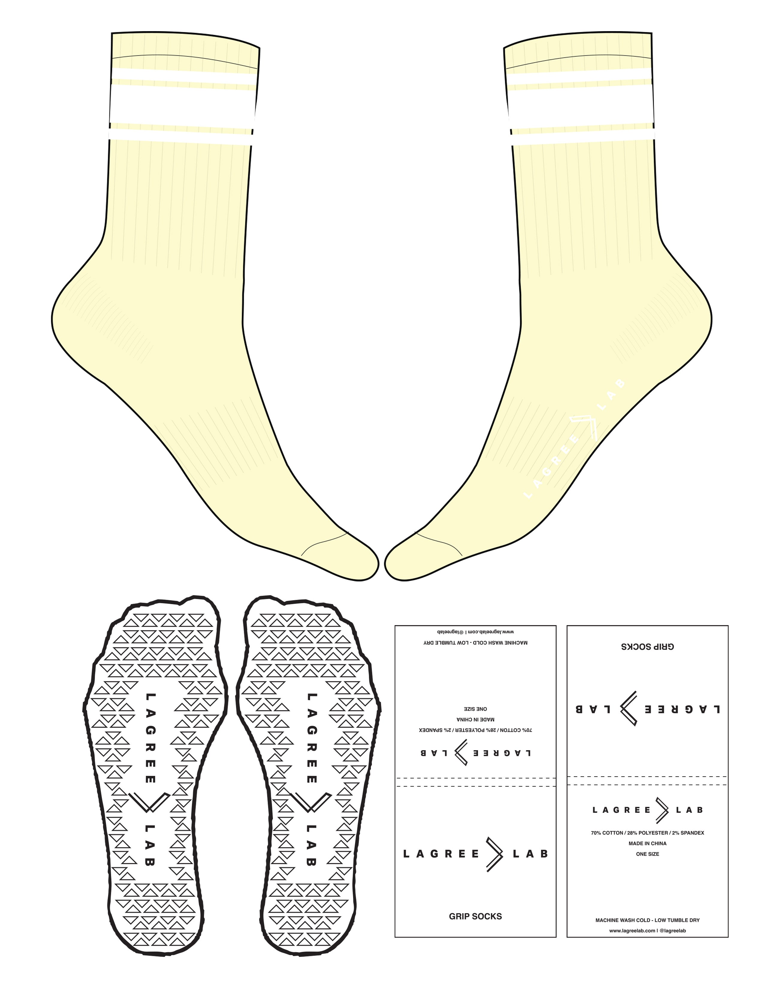 The Crew Sock - Light Yellow - LagreeLab - 2 Stripes - Top Logo - Printed - White - Triangle Grip - White