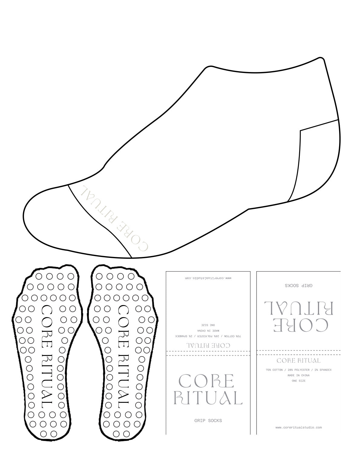 The Ankle Sock - White - Core Ritual - Bottom Text - Light Gray Logos - Black Circle Grip