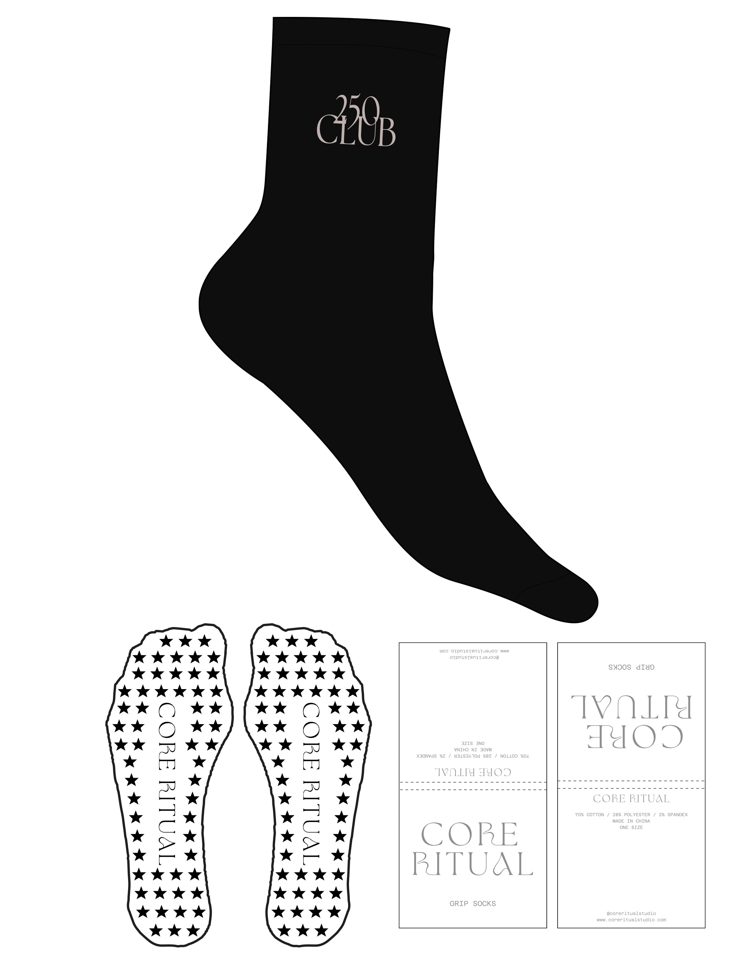 The 3/4 Crew Sock - Black - Core Ritual - Top Logo "250 CLUB" - Embroidered - Nude - Star Grip - Nude