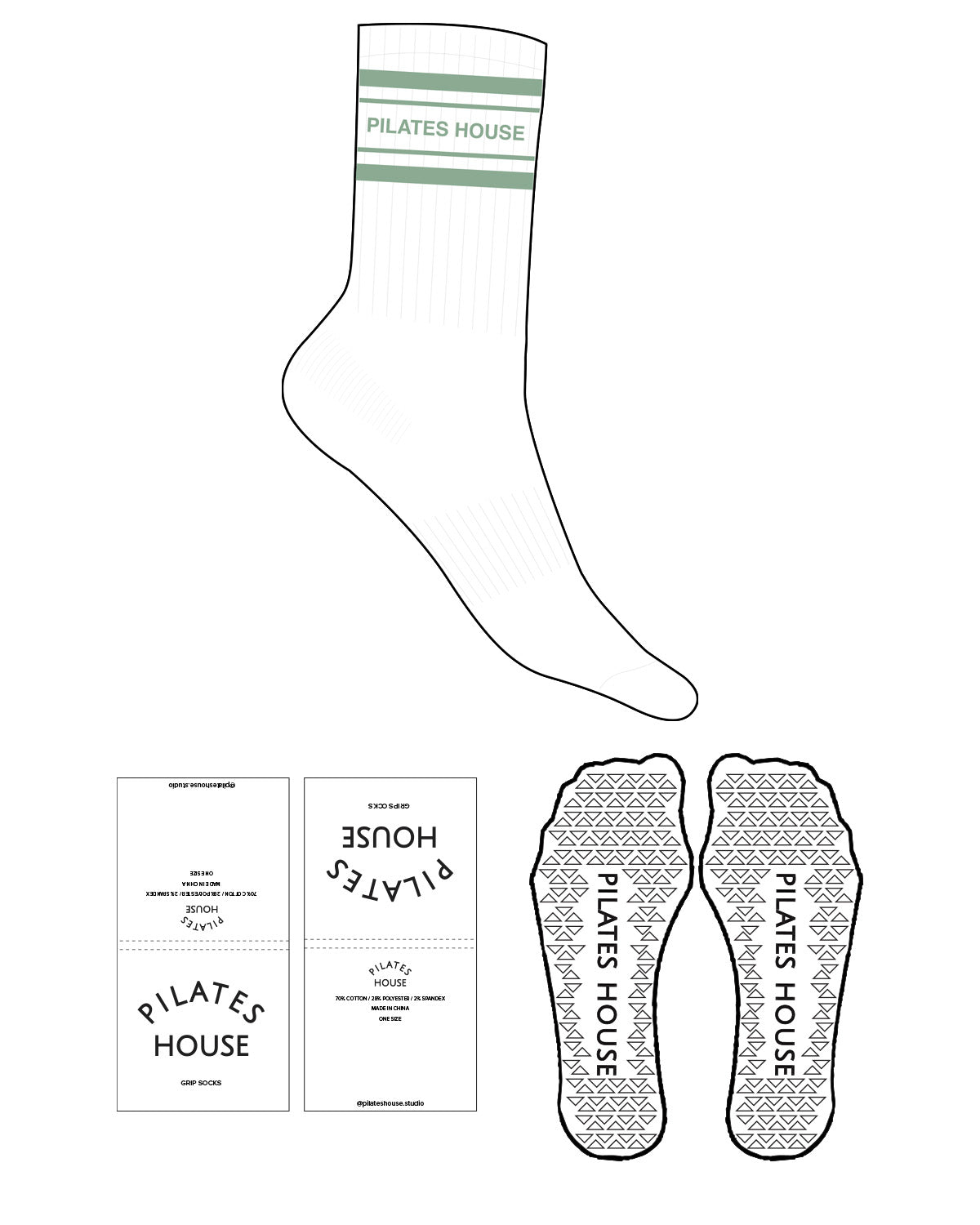 The Crew Sock - White - PHS - 2 Stripes - Top Logo - Muted Green - Triangle Grip - Transparent