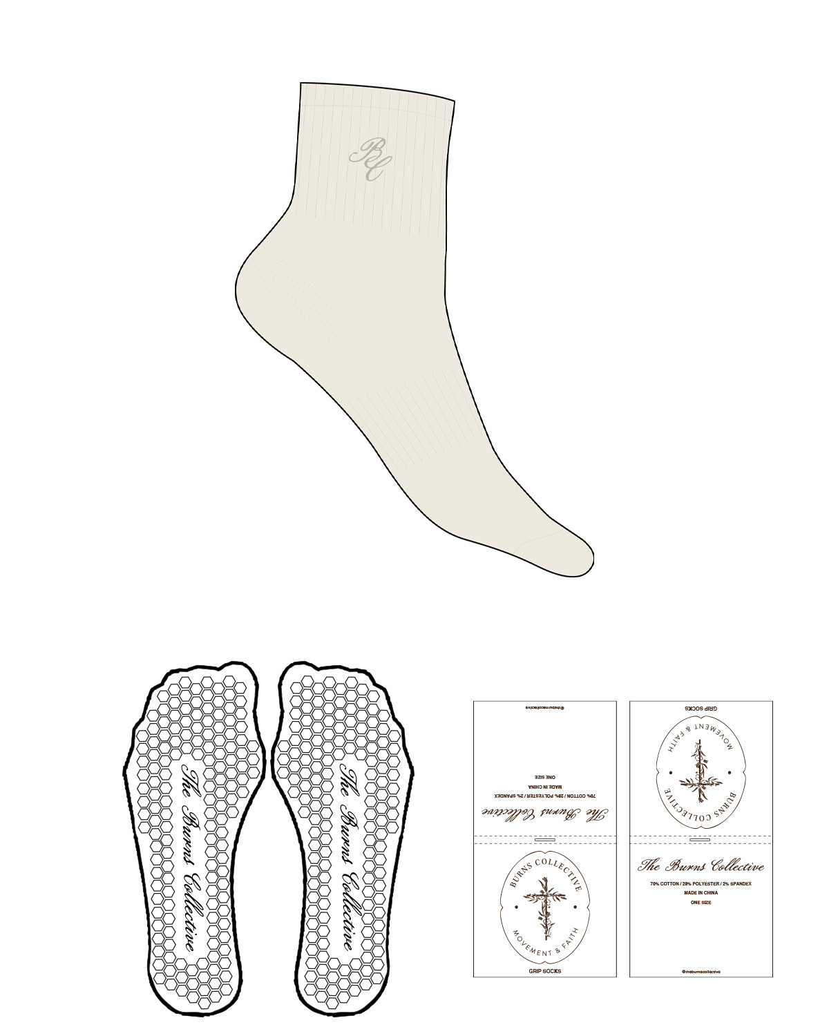The 1/2 Crew Sock - Off White - Burns Collective - Top Logo - Embroidered - Sage - Hexagon Grip - Transparent