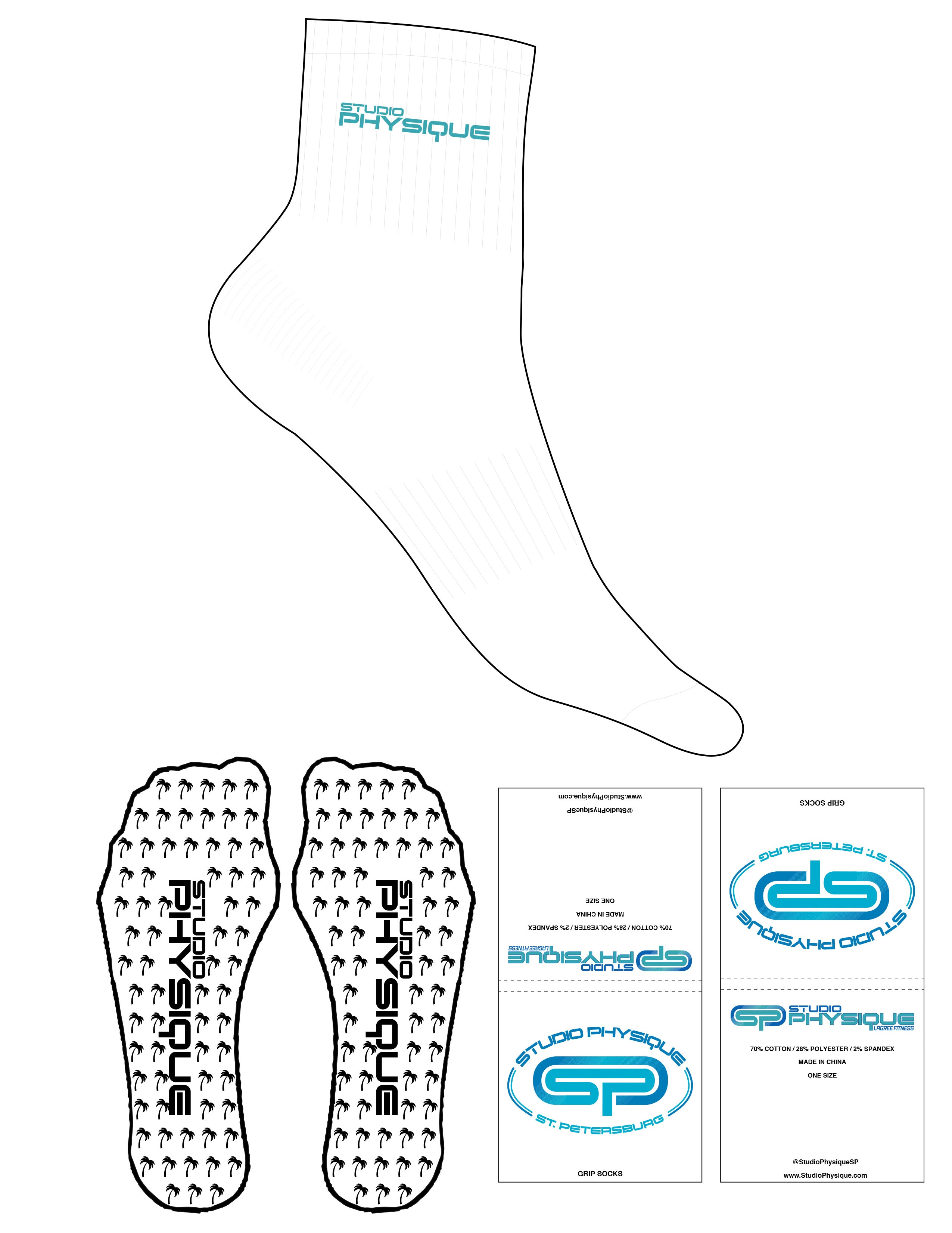 The 1/2 Crew Sock - White - Studio Physique - Top Logo Stacked - Embroidered - Teal - Palm Tree Grip - Teal