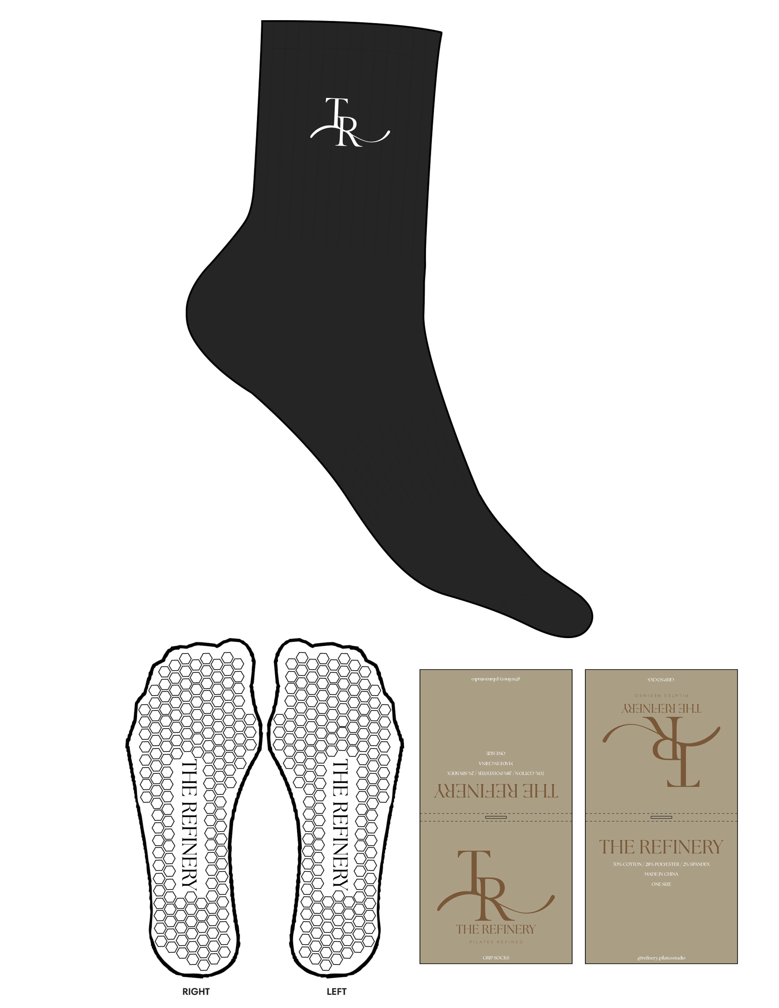 The 3/4 Crew Sock - Black - The Refinery Fitness Studio - Top Logo - EMB - White - Hexagon Grip - White