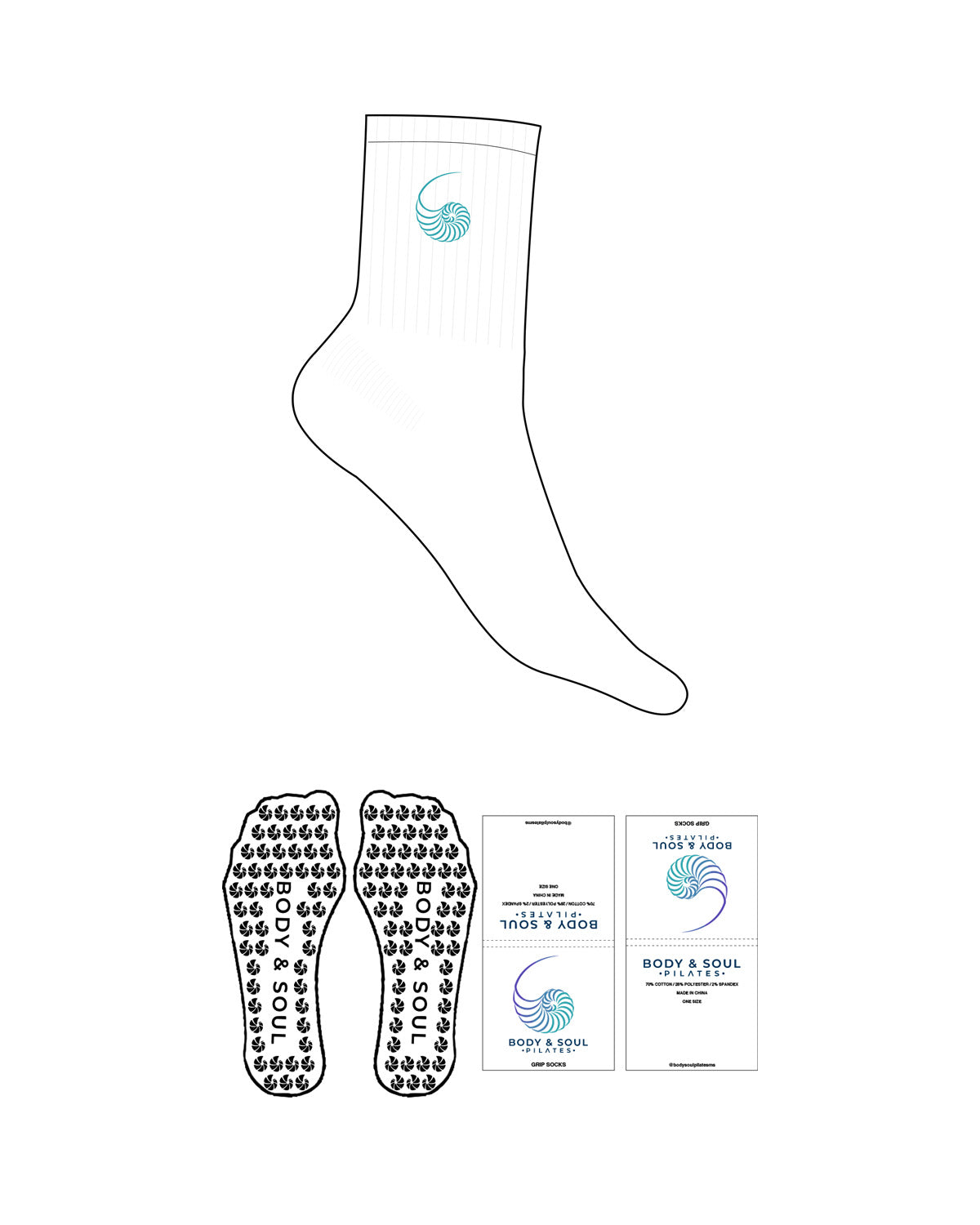 The 3/4 Crew Sock - White - Body & Soul - Top Icon- Embroidered - Teal - Custom Shape Grip - Transparent