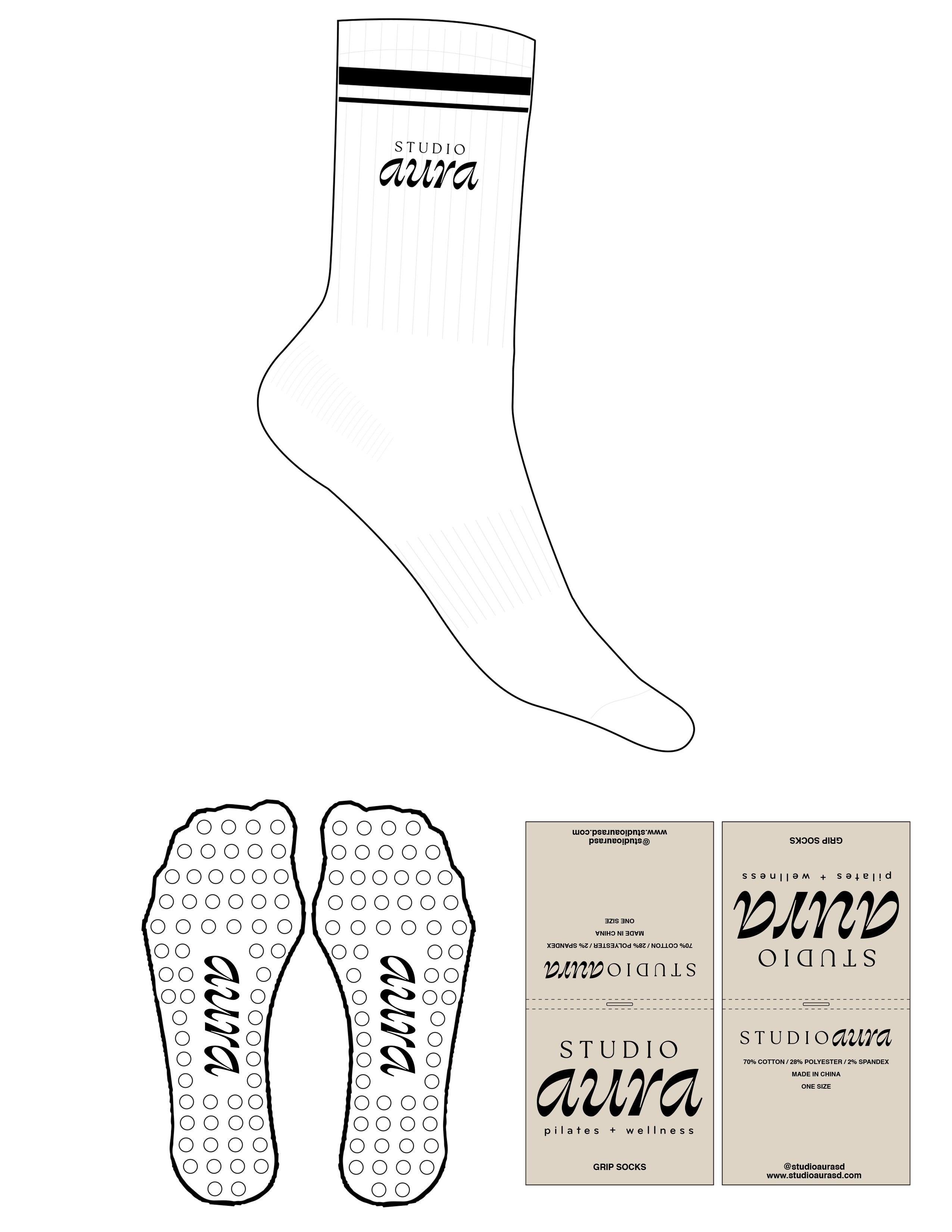 The Crew Sock - White - Studio Aura - Black Stripes - Top Logo Stacked - Embroidered - Black - Circle Grip - Black