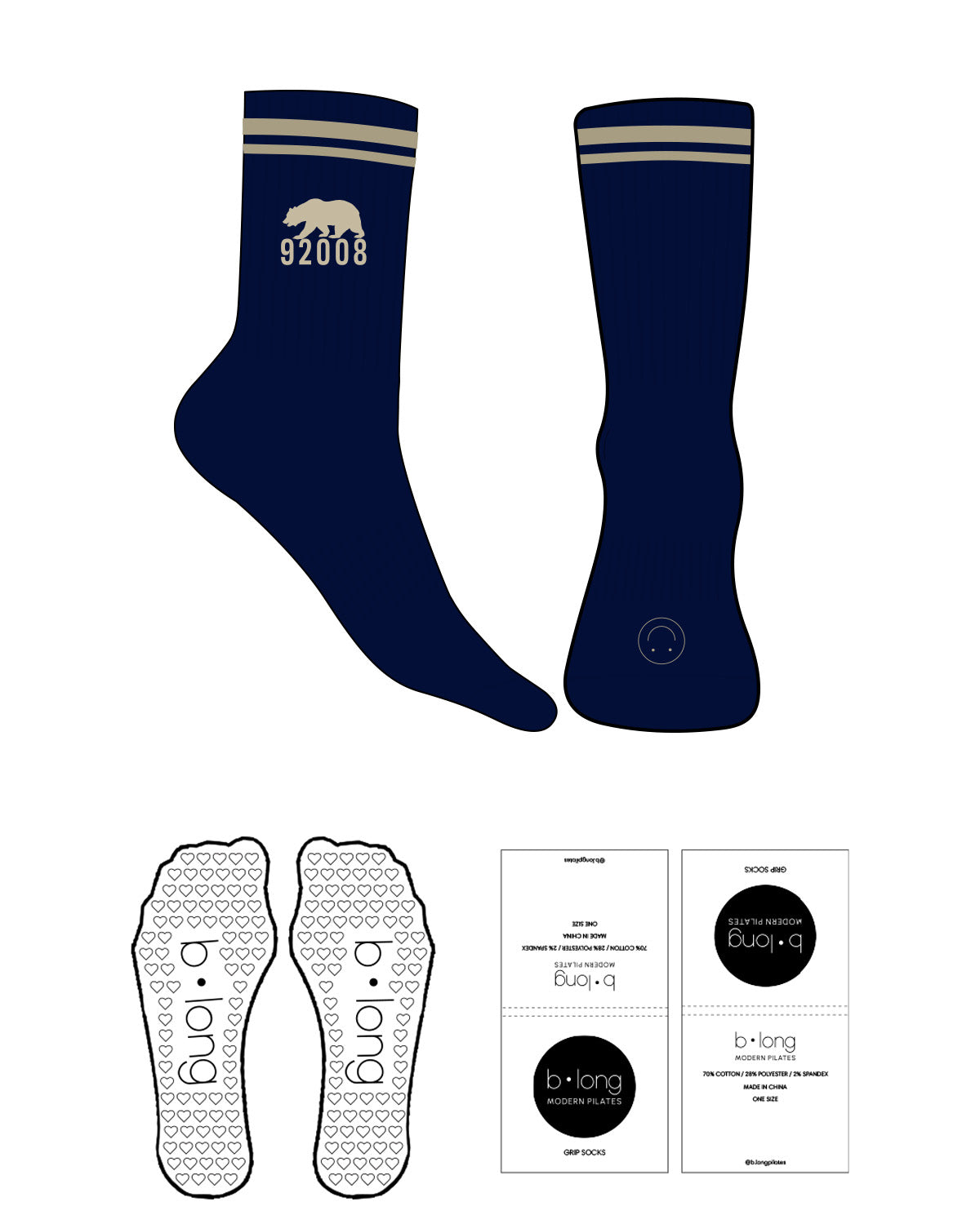 The 3/4 Crew Sock - Navy D322 - B Long Pilates - 2 Strips - Top "92008" & Front Logo - Cream - Heart Shape Grip - Translucent
