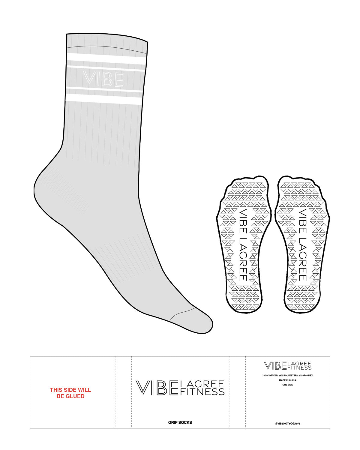 The Crew Sock - Heather - Vibe Lagree - 4 Bars & Text - White - Triangle Shape Grip - Transparent