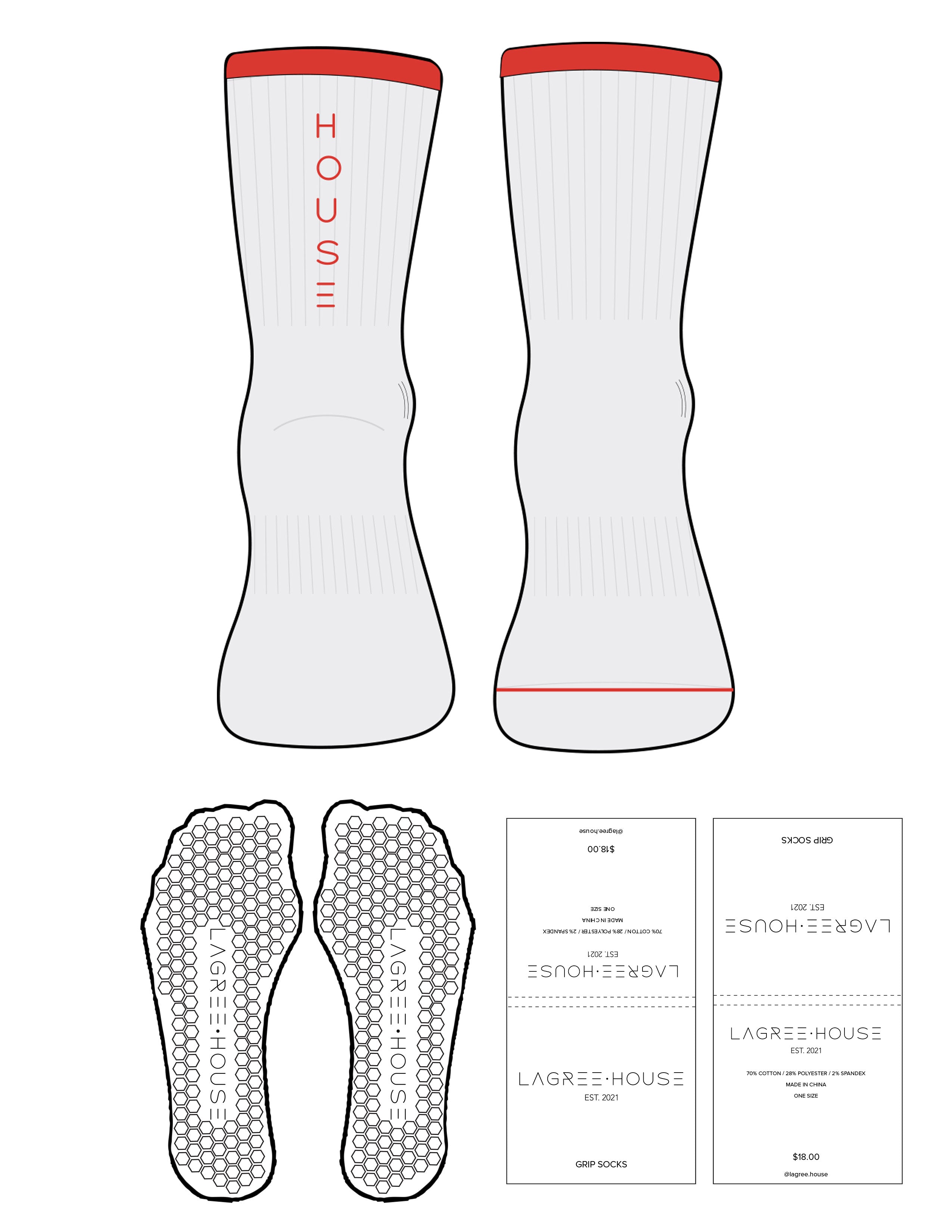 The 3/4 Crew Sock - White Heather - Lagree House - Red Stripes - Top Front & Back Logo - Printed - Red - Hexagon Grip - Transparent