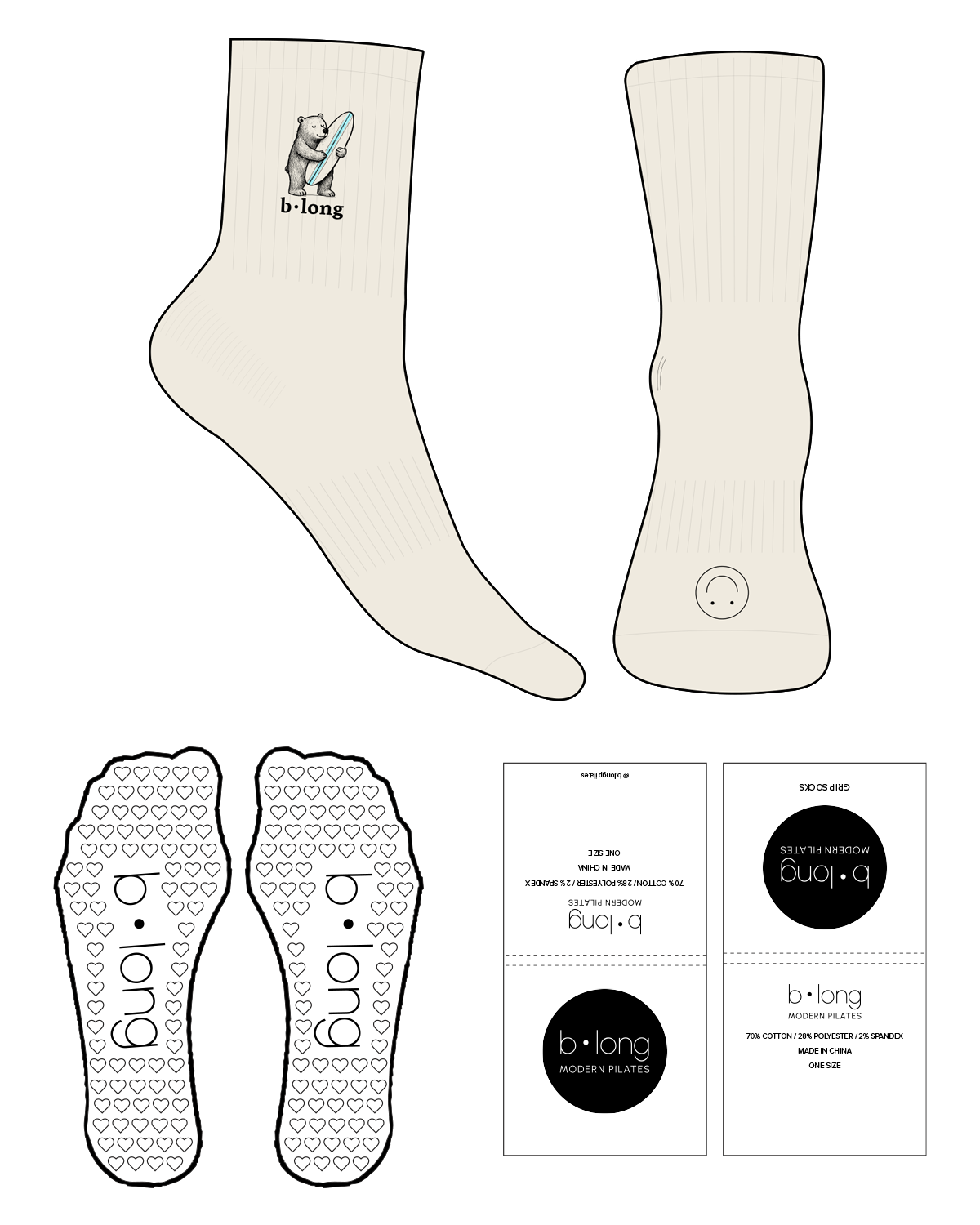 The 3/4 Crew Sock - Off White - B Long Pilates - Top Side & Back Logo - Embroidered - Full Color - Heart Shape Grip - Black