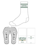 The Crew Sock - White - Level Fitness - Center Text In Between 4 Lines - Green - Triangle Shape Grip - Green