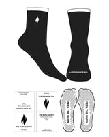 The 3/4 Crew Sock - Black - The Burn Society - Top - White Full Stripe - Flame - Bottom Toe Text - White - Triangle Shape Grip - White