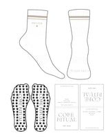 The 3/4 Crew Sock - White - Core Ritual - 2 Strips - Top & Front Logo - Embrodiered - Tan - Star Shape Grip - Tan