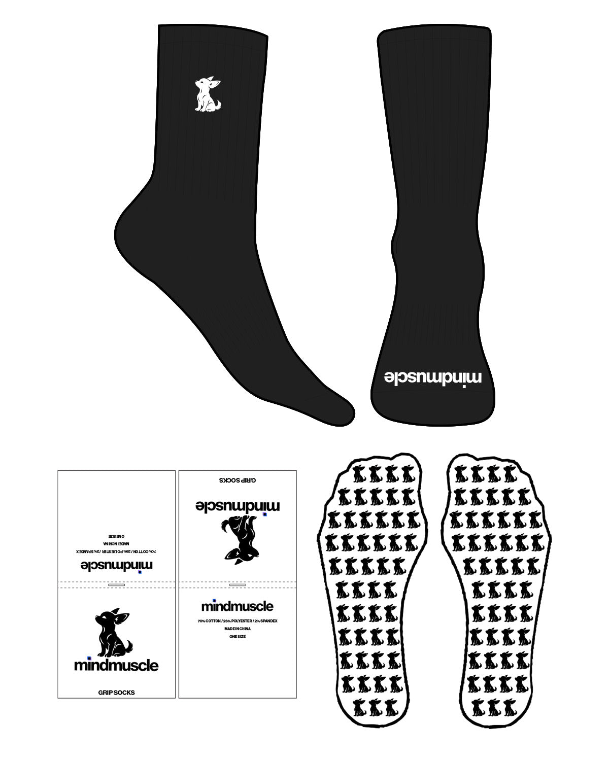 The Crew Sock - Black - Mind Muscle - Top Logo EMB - Toe Logo Printed - White - Custom Grip - White