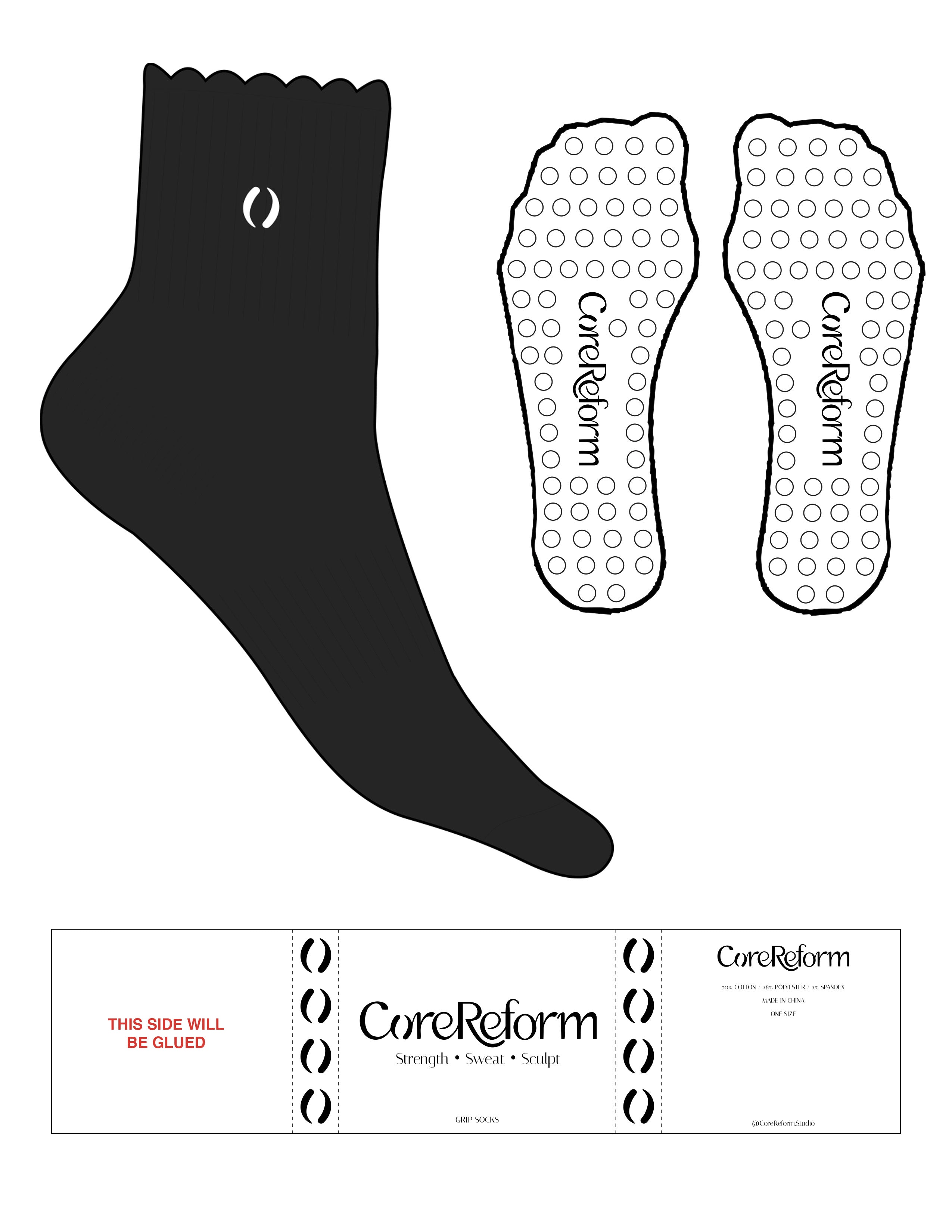 The 1/2 Crew Sock - Black - CoreReform - Top Logo - EMB - White - Circle Grip - Transparent