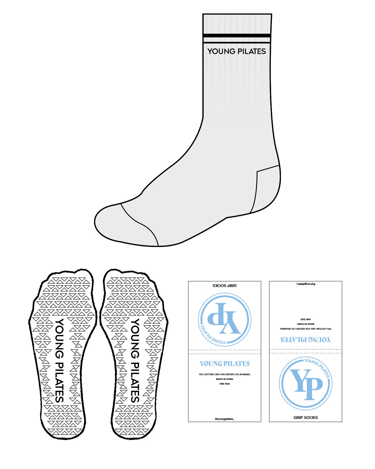 The Crew Sock - Heather - YP - Top Border & Black Triangle Grip - Black