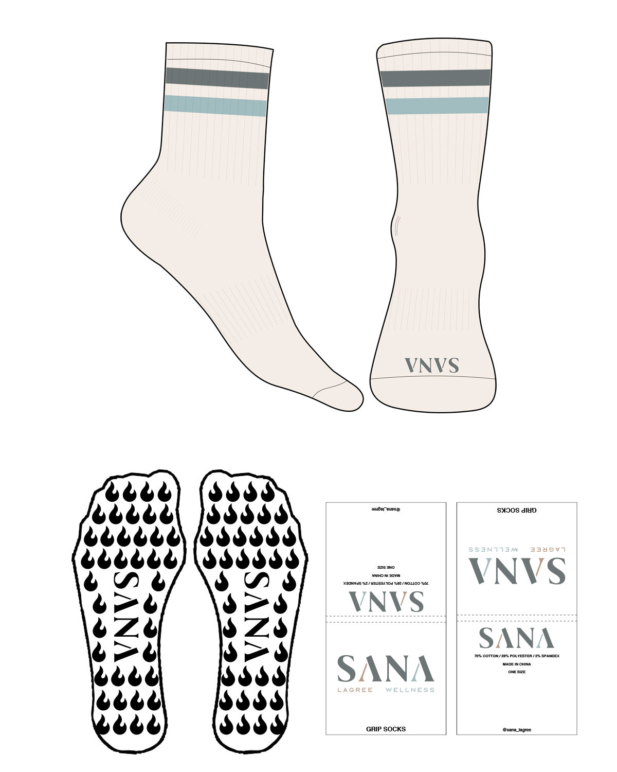 The 3/4 Crew Sock - Off White - Sana Lagree - 2 Strips - Toe Logo - Full Color - Flame Grip - Translucent