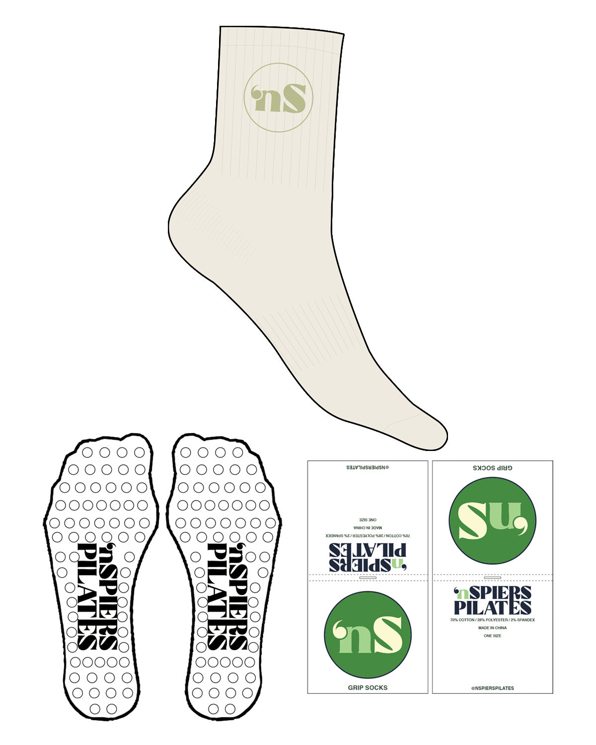 The 3/4 Crew Sock -  Off White -  NSpiers - Top Logo Round "nS" - Pistachio - Circle Shape Grip - Pistachio