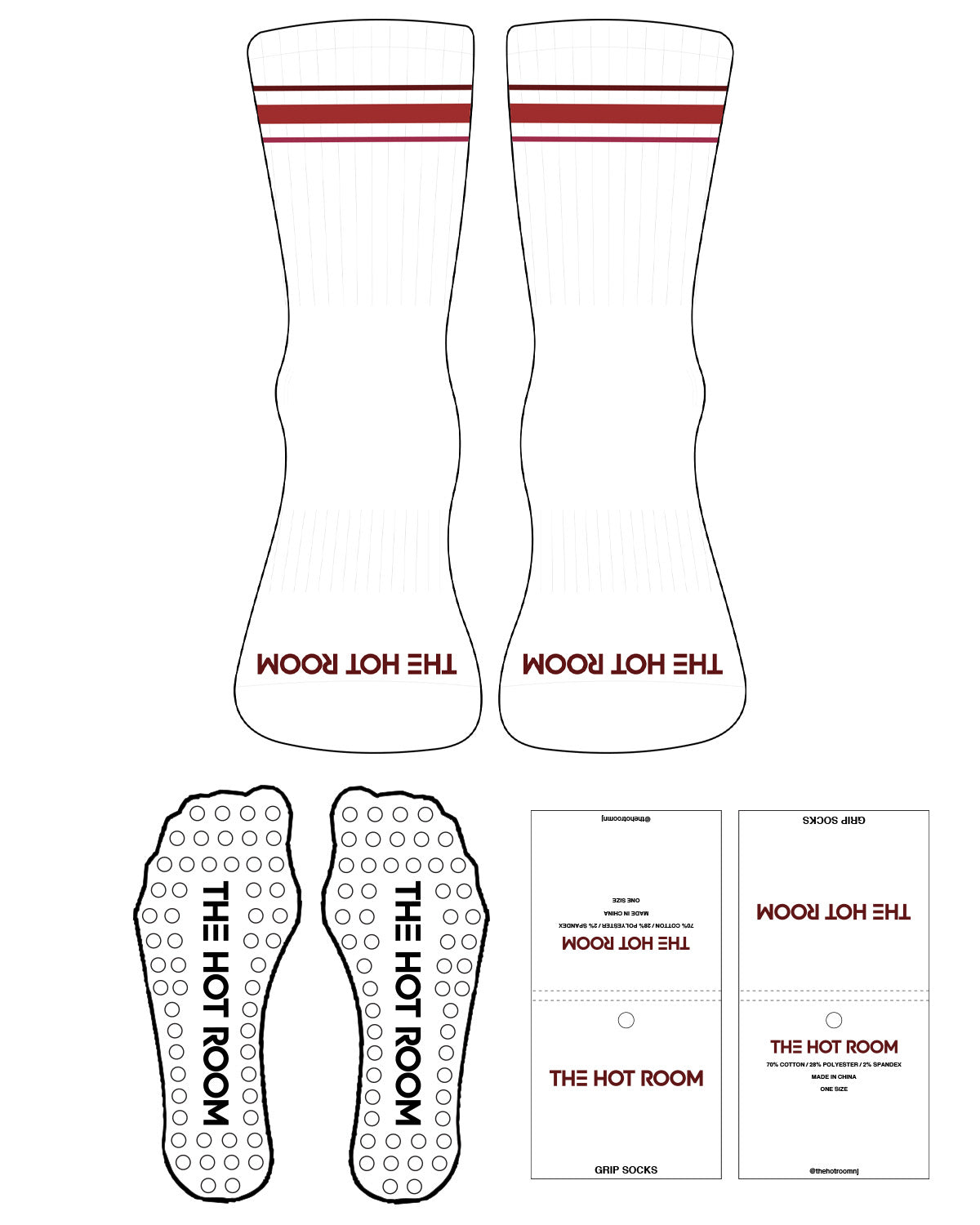 The 3/4 Crew Sock - White - The Hot Room - Top Logo - 3 Stripes - Toe Logo - Full Color - Circle Shape Grip - Transparent