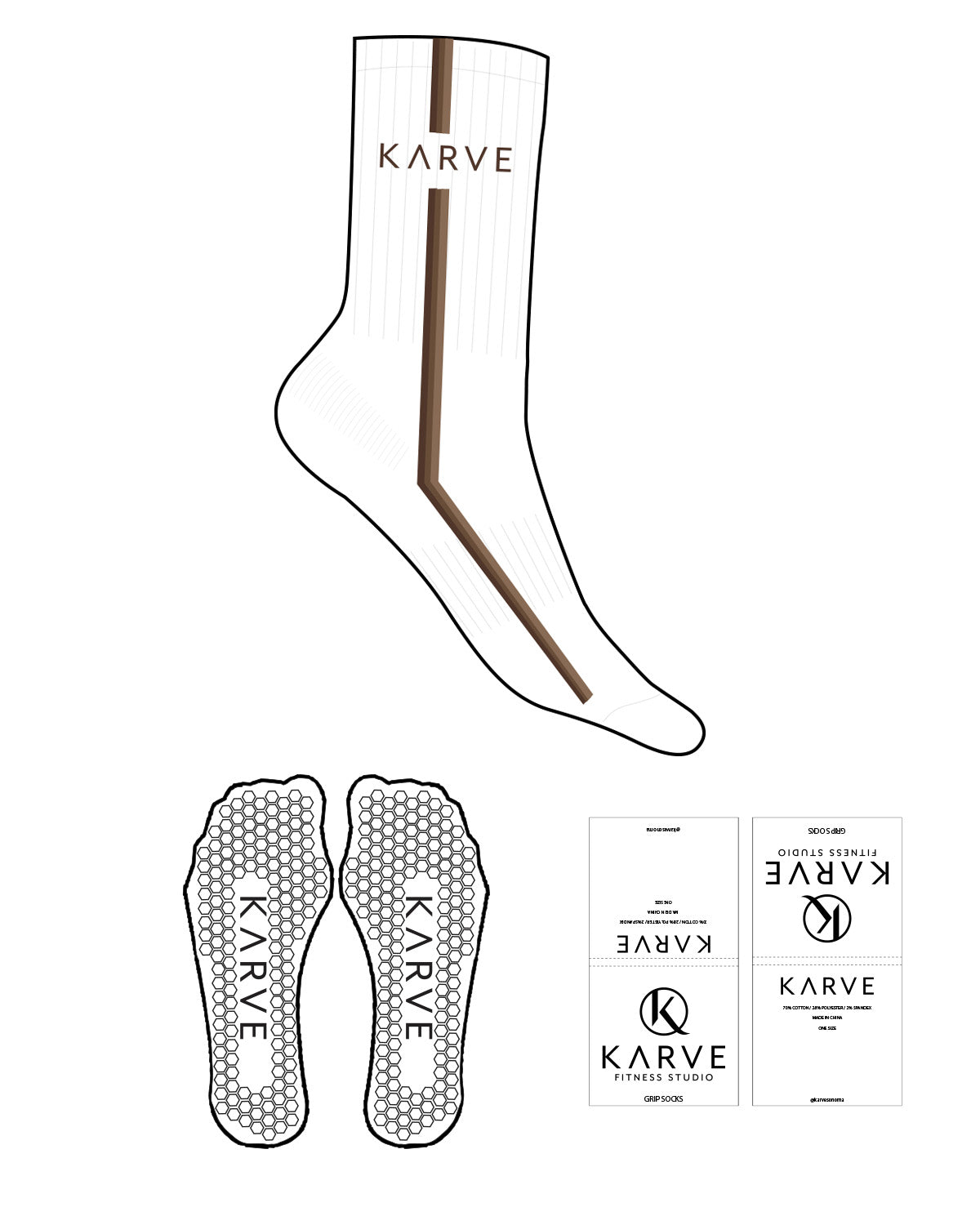 The Crew Sock - White - Karve - Top Logo & Lining - Printed - Full Color - Hexagon Grip - Brown