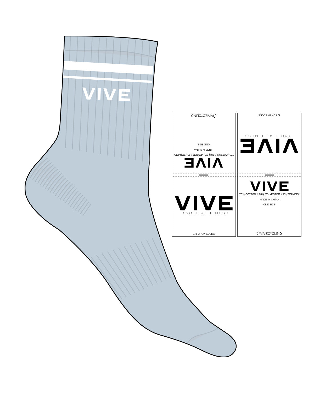 The 3/4 Crew Sock - Ballad Blue - Vive Cycle - 2 Lines - White - VIVE - Embroidered - White