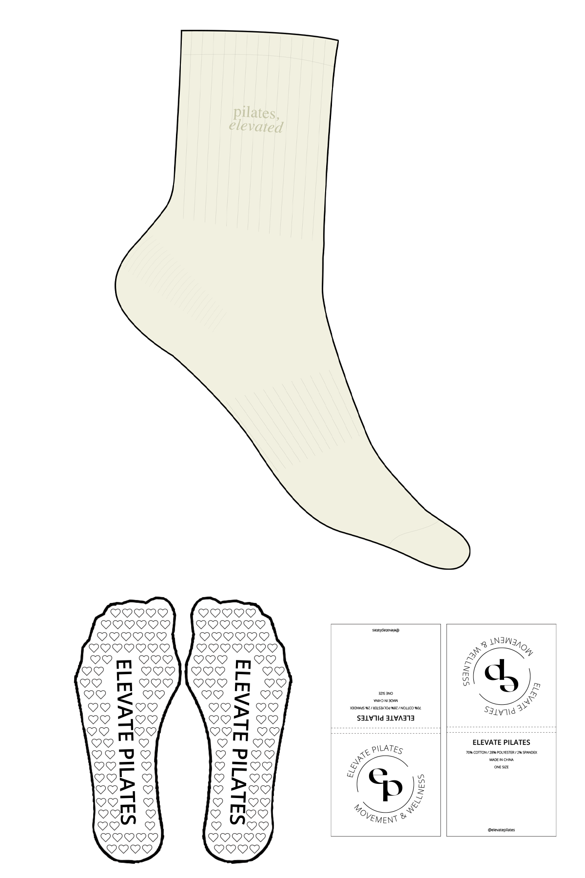 The Crew Sock - Butter - Elevate Pilates - Top Logo Stacked - Embroidered - Tone on Tone - Heart Grip - Transparent