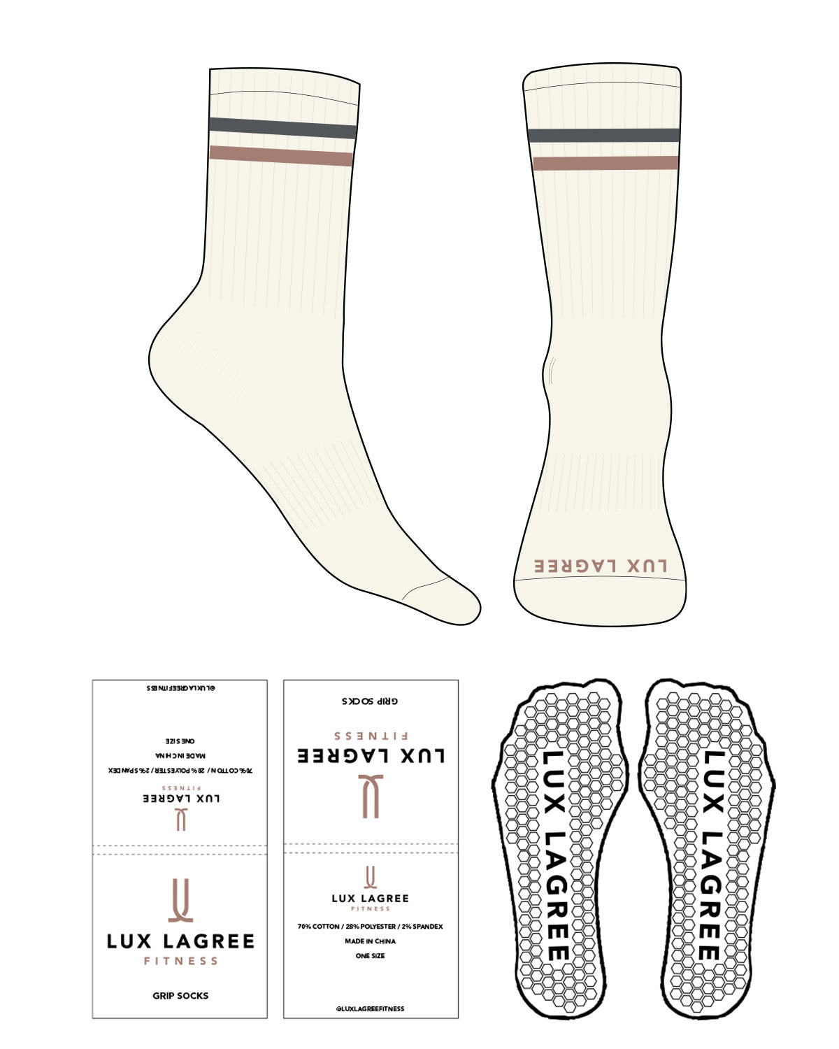 The Crew Sock - Off White - Lux Lagree - 2 Stripe - Gray & Clay - Toe Logo - Clay - Hexagon Shape Grip - Transparent
