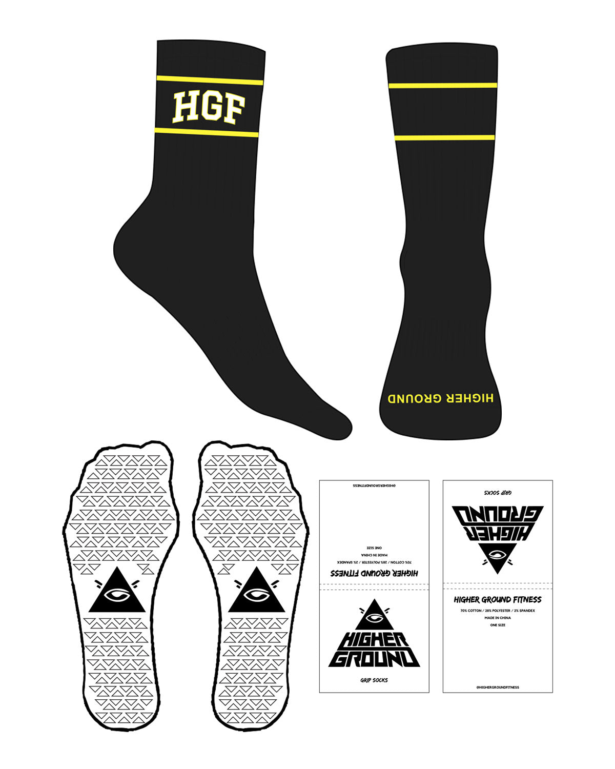 The Crew Sock - Black - Higher Ground - Yellow Stripes - Top Logo White & Yellow - Toe Logo Yellow - Triangle Grip - Black