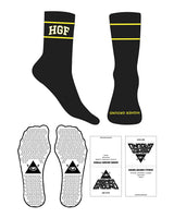 The Crew Sock - Black - Higher Ground - Yellow Stripes - Top Logo White & Yellow - Toe Logo Yellow - Triangle Grip - Black