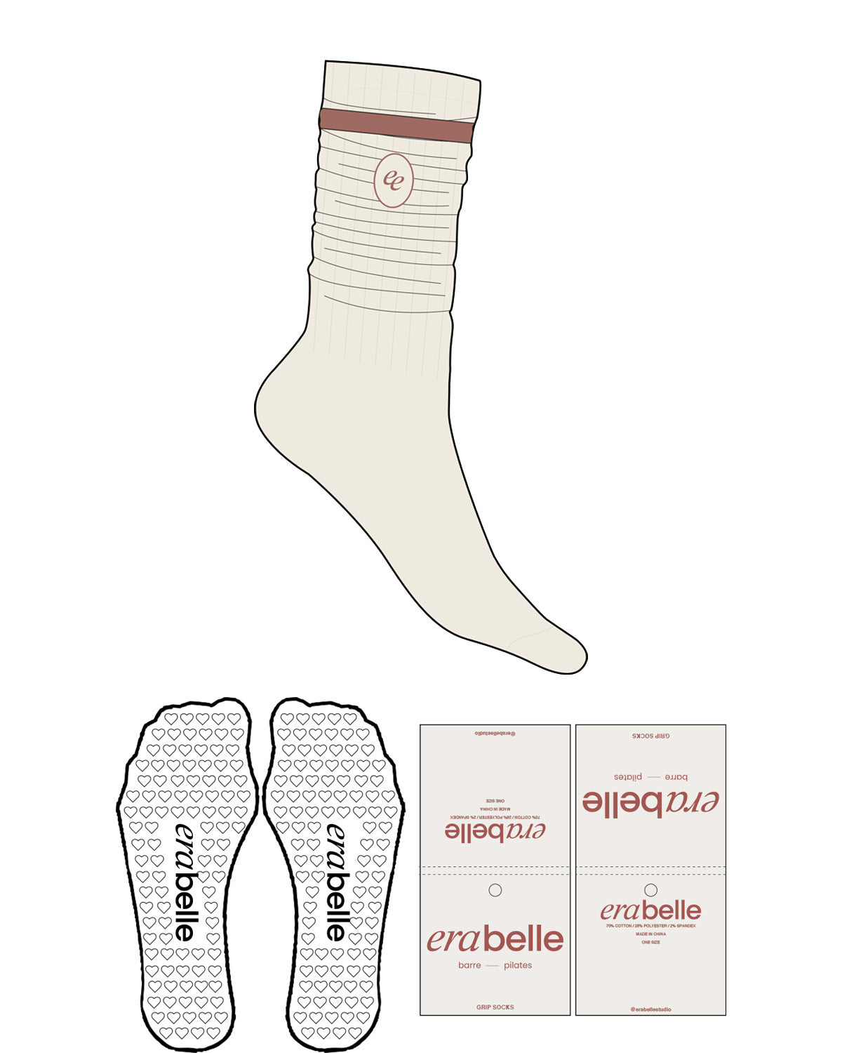 The Slouch Sock - Off White - Erabelle - Top Stripe - Rosewater - "ee&oval" - Embroidered - Rosewater - Background - Embroidered - Off White  - Heart Grip - Rosewater