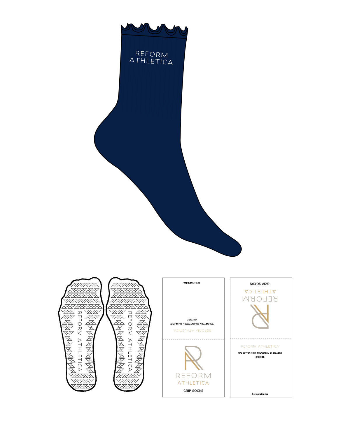 The 3/4 Crew Sock - Navy - Reform Athletica - Ankle Text - Embroidered - White - Triangle Shape Grip - White