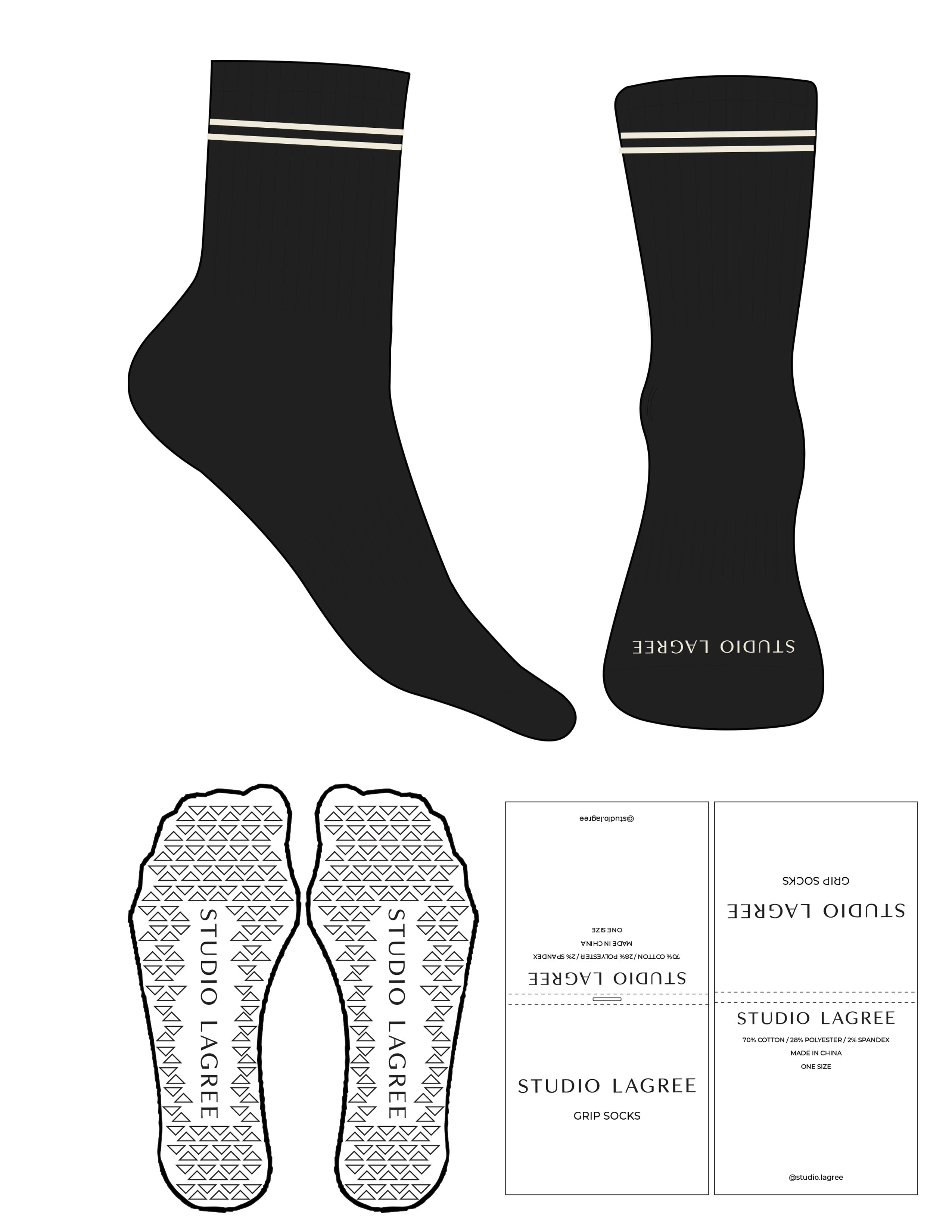 The 3/4 Crew Sock - Black - Studio Lagree - 2 Stripes - Toe Logo - Printed - Vanilla Ice - Triangle Grip - Transparent