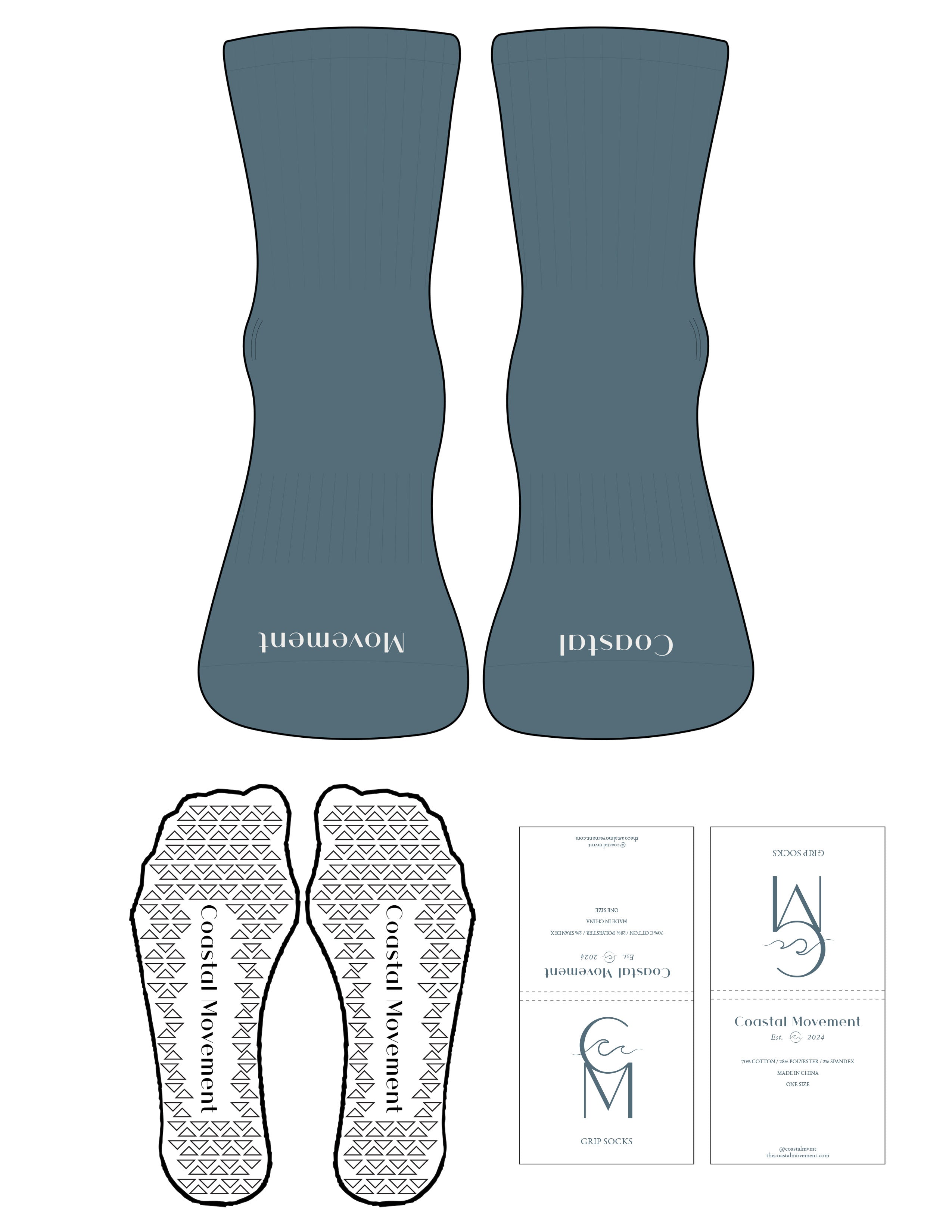 The 1/2 Crew Sock - Blue - Coastal Movement - Top Logo Stitched & Toe Logo - Beige - Triangle Grip - Transparent