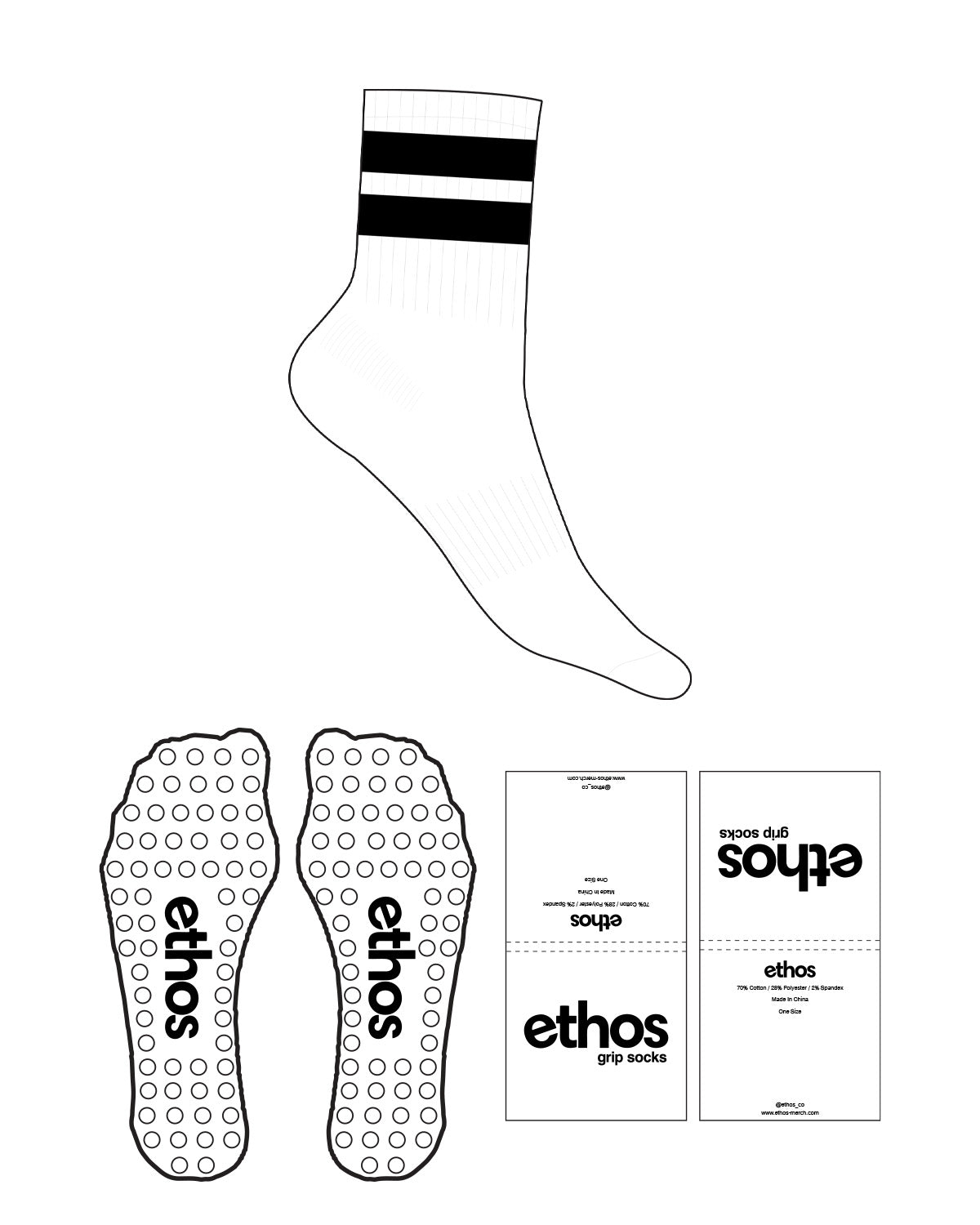 The 3/4 Crew Sock - White - Ethos Socks - 2 Strips - Circle Grip - Black