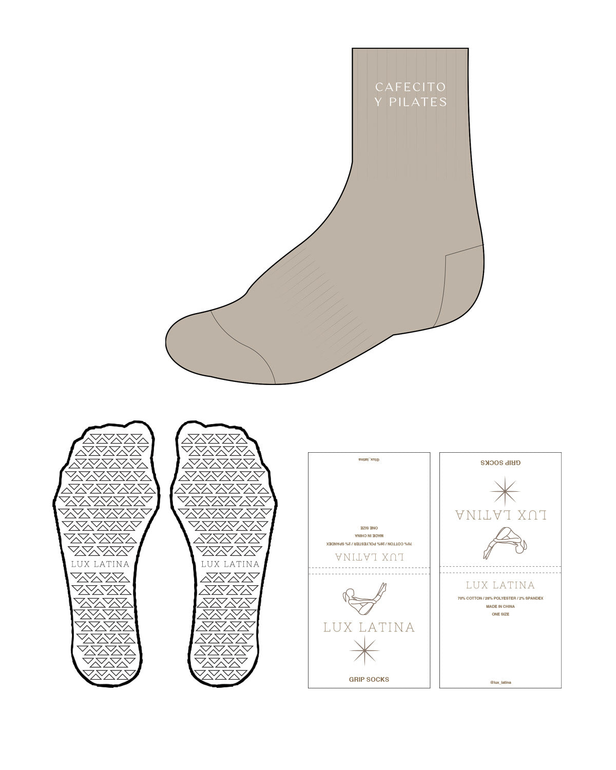 The 3/4 Crew Sock - Tan - Lux Latina - Top - Text Stacked - White - Triagle Shape Grip -  Same Tone as Fabric Grip