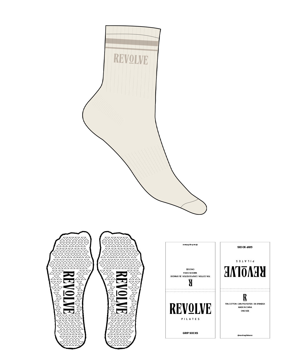 The 3/4 Crew Sock - Off White - Revolve Pilates - 2 Strips - Top Logo - Tan - Triangle Shape Grip - Transparent