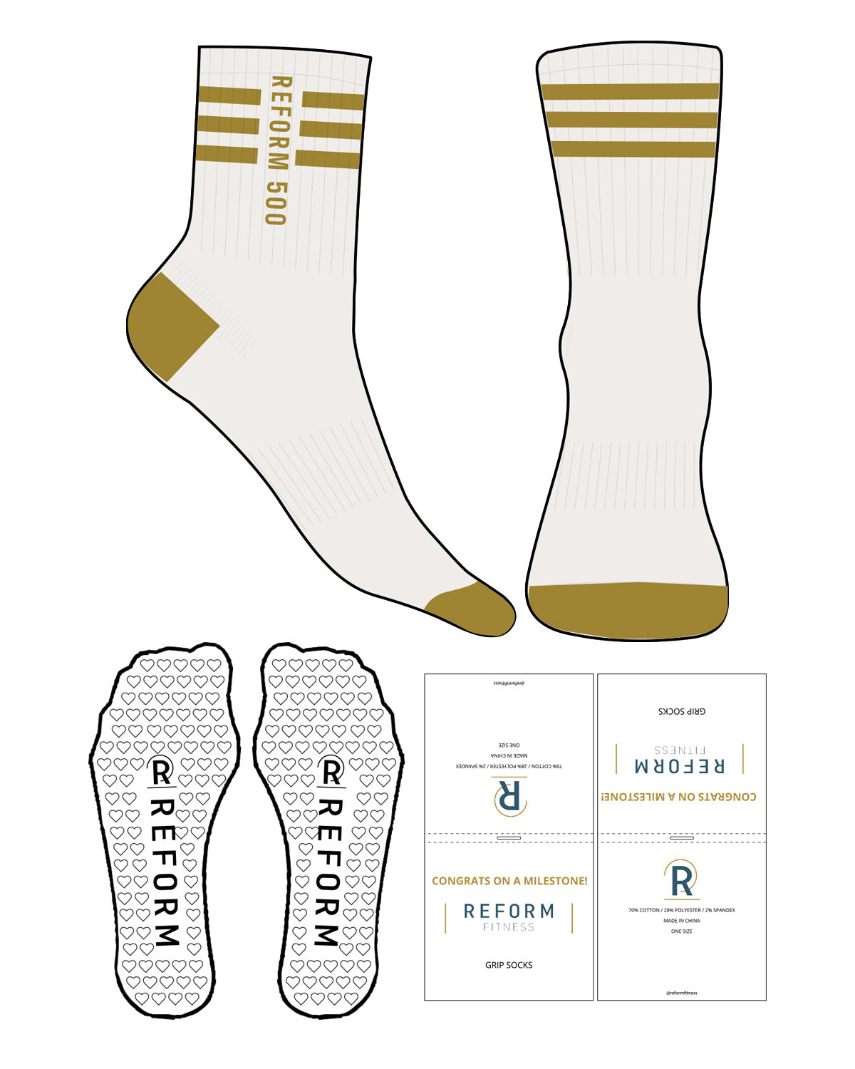 The 3/4 Crew Sock - Cloud Dancer - Reform Fitness - 3 Stripes - Reform 250 - Toe - Heel - Dijon - Heart Grip - Dijon