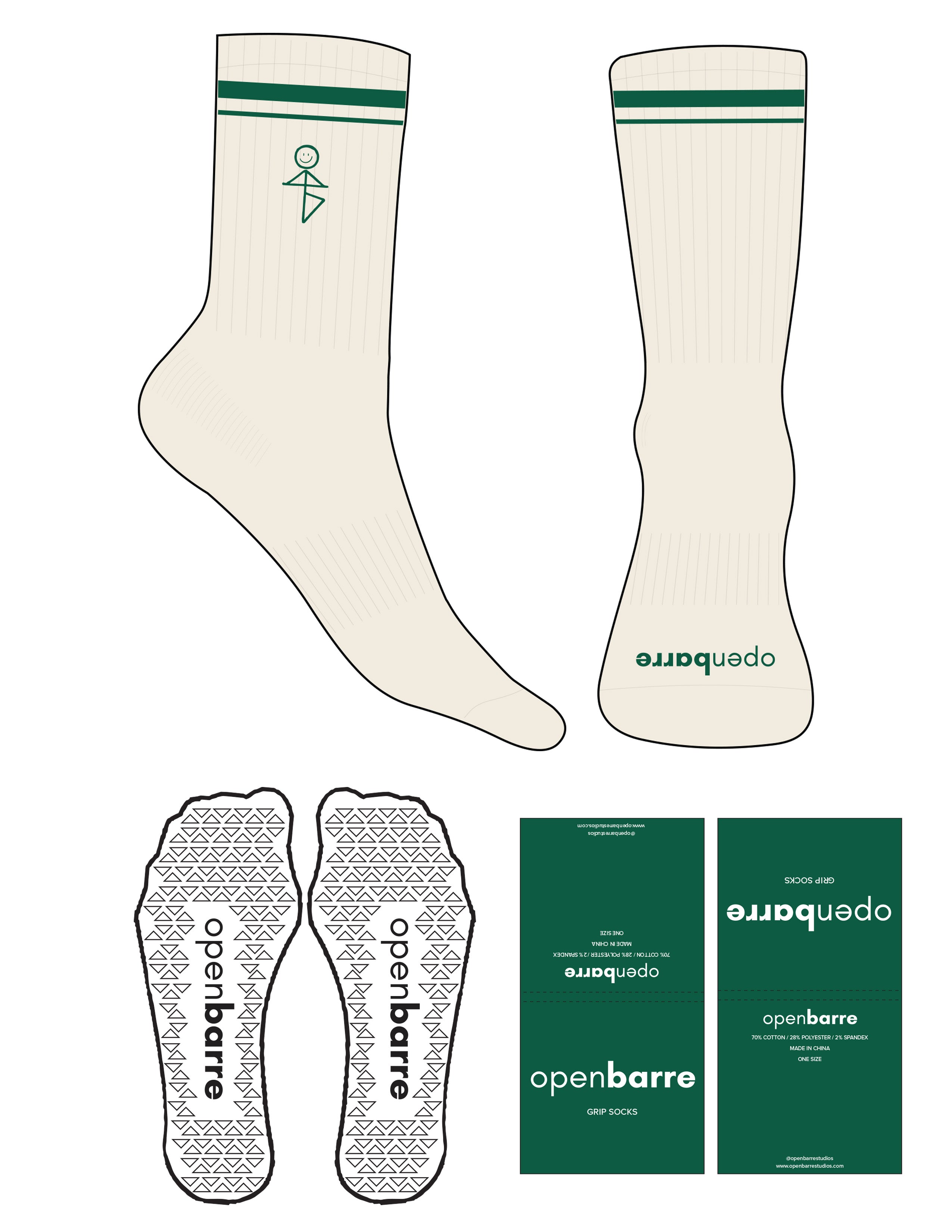 The Crew Sock - Off White - OPENBARRE - 2 Stripes & Toe Logo Printed - Top Logo Embroidered - Green - Triangle Grip - Green