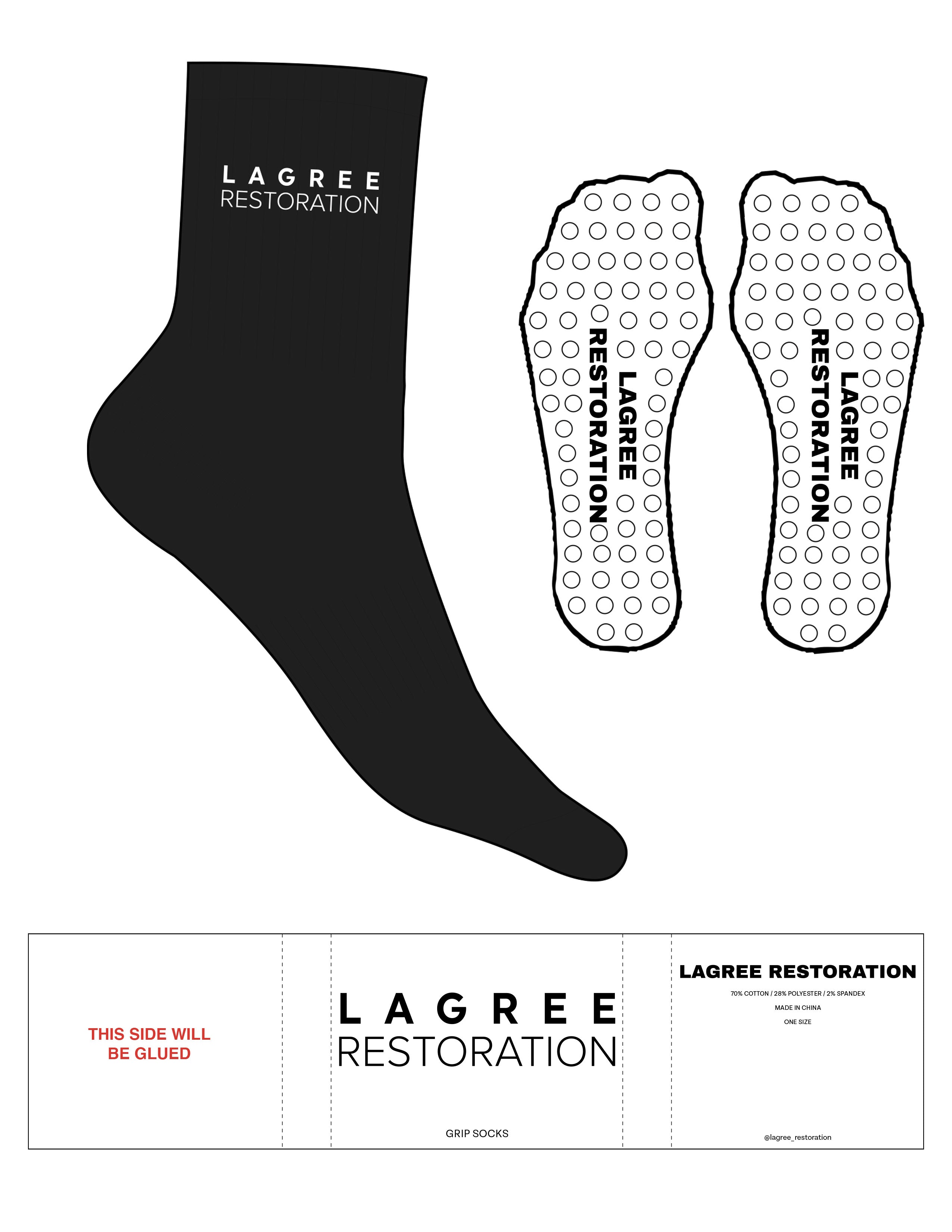 The 3/4 Crew Sock - Black -  Lagree Restoration - Top Logo Stacked - White - Circle Grip - White