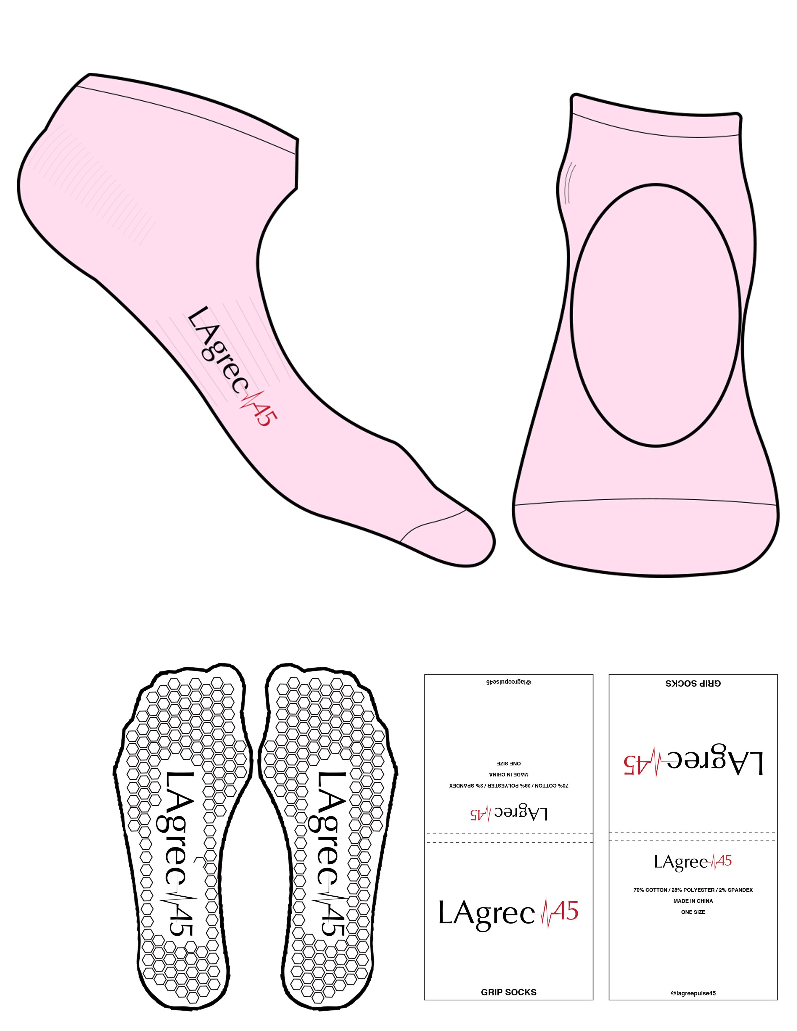 The Ballet Sock - Pink - Lagree Pulse 45 - Sole Logo - Printed - Full Color - Hexagon Grip - Transparent