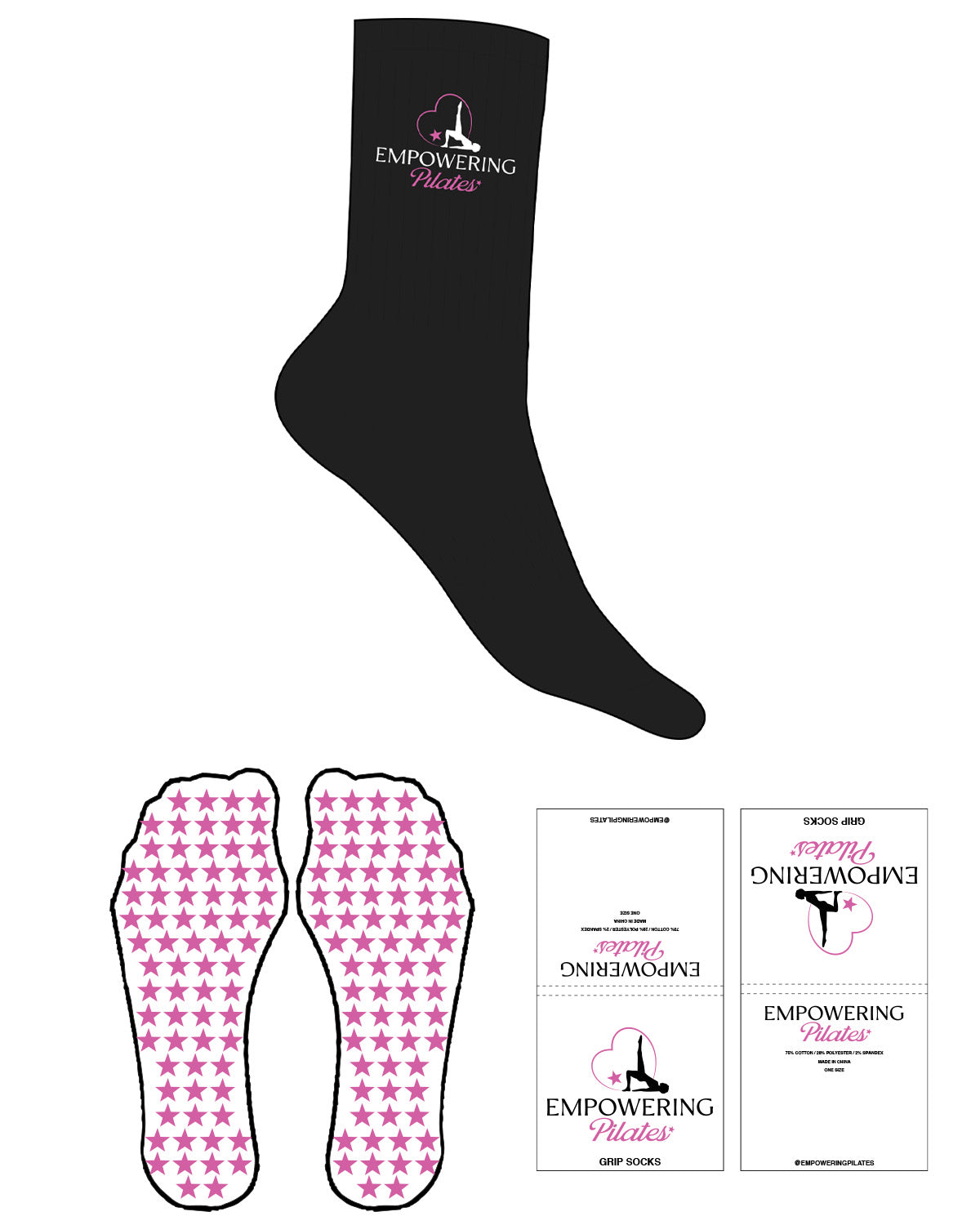 The Crew Sock - Black - Empowering Pilates - Top Logo Stacked - Embroidered - Full Color - Star Grip - Pink