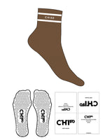 The 1/2 Crew Sock - Brown - M129- 2 Lines - Text In Between - White - Triangle Shape Grip - White