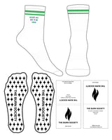 The 3/4 Crew Sock - White - The Burn Society - Top Logo Meet Me On The Mini - Full Color - 2 Strips - Green Hex Code Stripes #M224 - Star Shape Grip - Green #M224